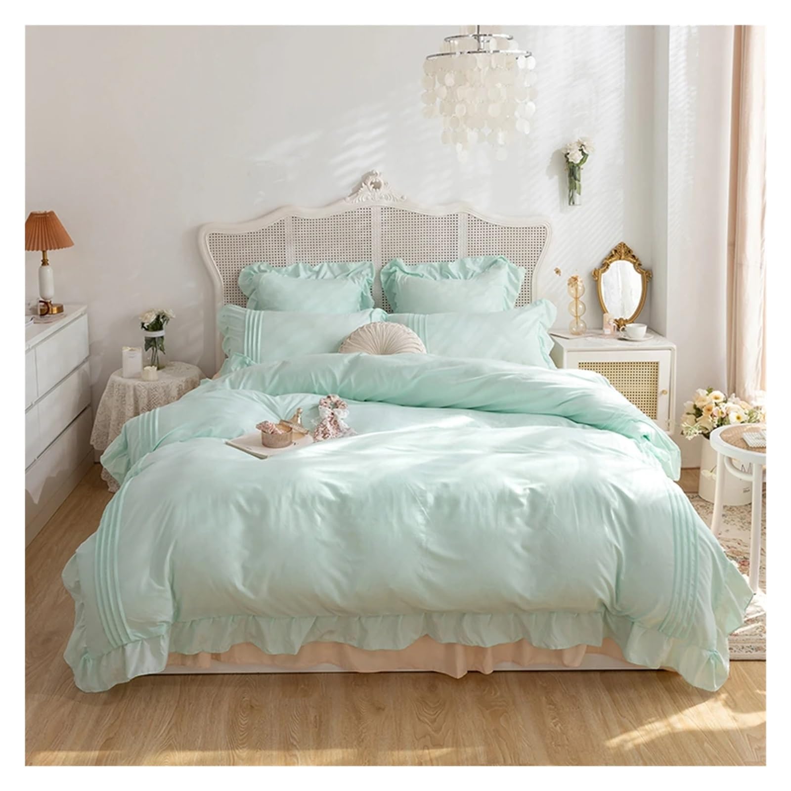 Juego de Cama con Volantes de Encaje, Ropa de Cama Blanca y Gris for niños y niñas, Juego de Funda nórdica de tamaño Completo, Juego de Cama Queen/Queen,Sabanas