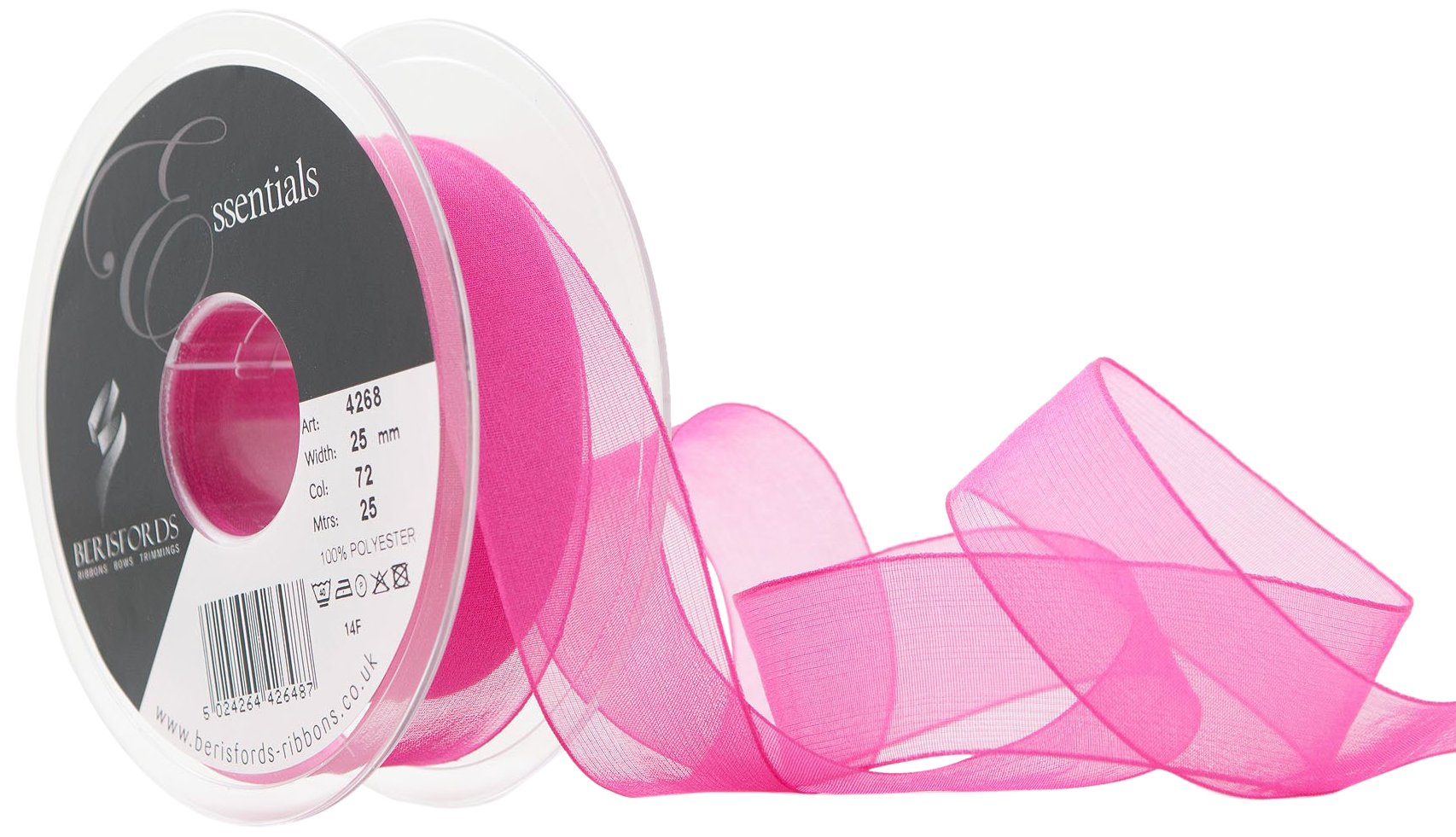 Berisfords Super Sheer Ribbon, Shocking Pink, 25 mm Width, 25 metre Length