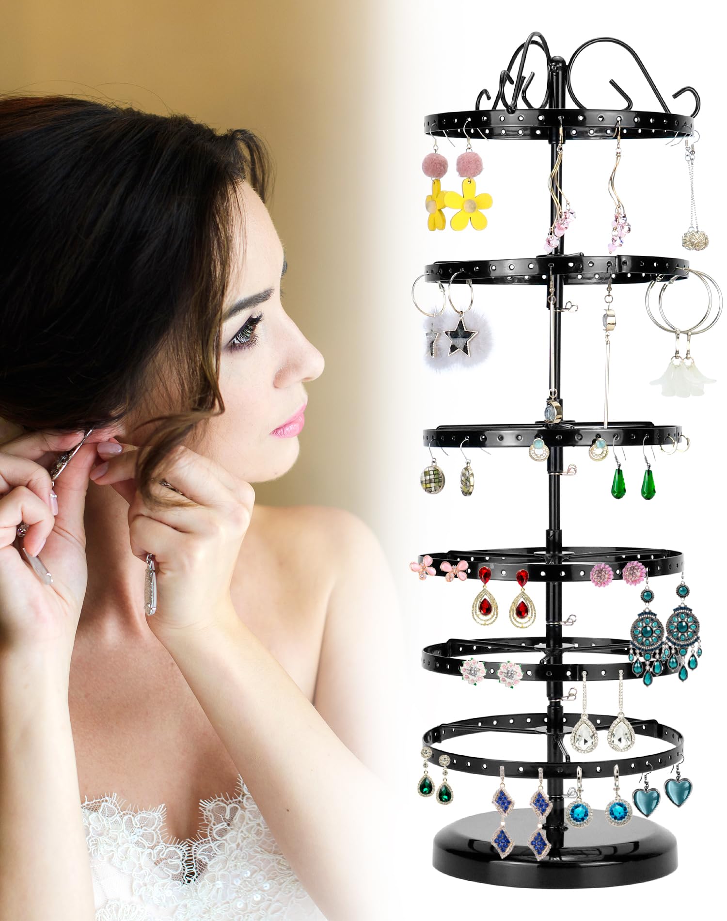 Porta Orecchini Girevole A 6 Livelli - Espositore In Metallo Per 130 Paia, Regolabile - Foto 3