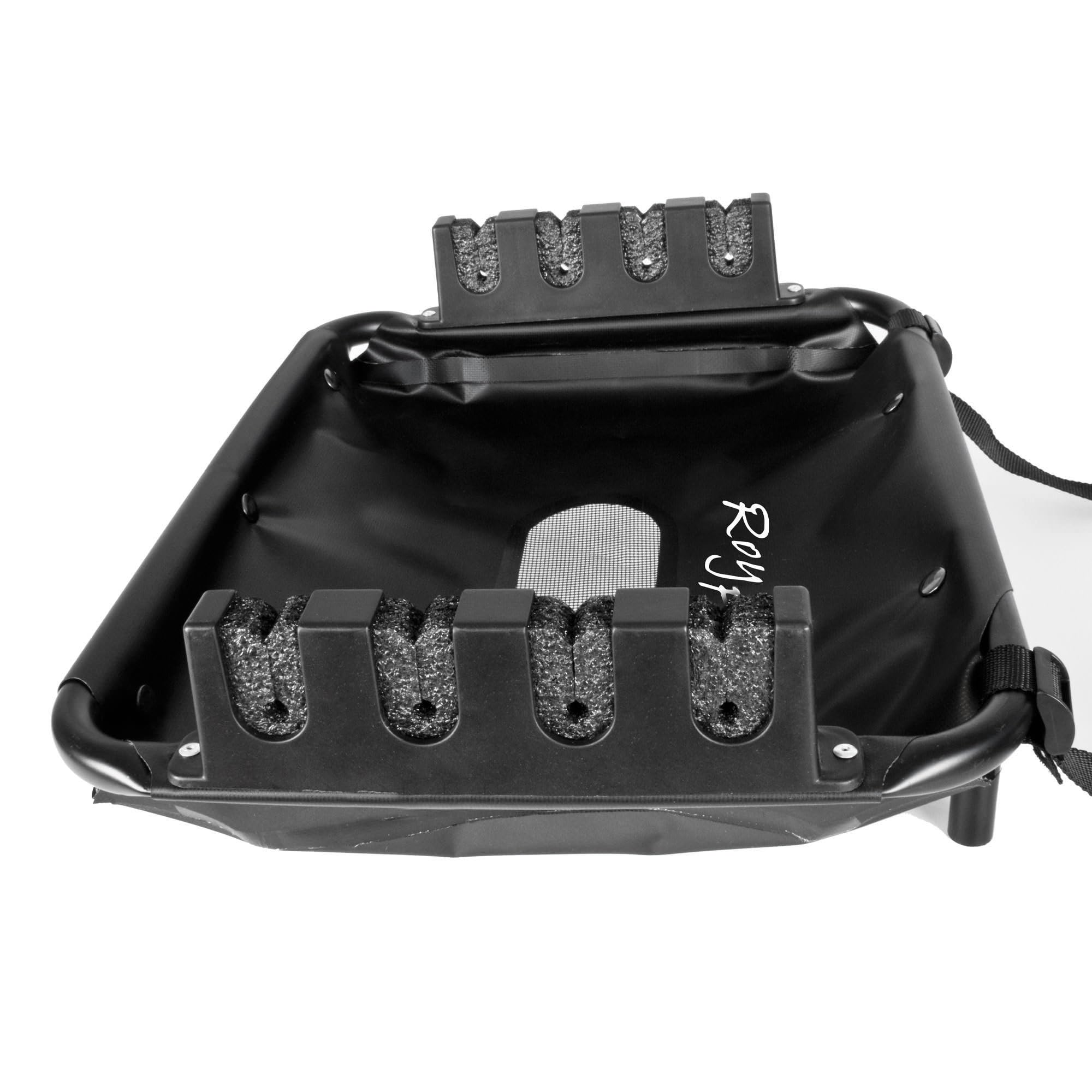 Roy Fishers Belly Boat Rutenhalter & Seitentisch, 49,5x37cm | Ablagetablett für bis zu 4 Ruten, Aluminium-Rahmen mit Drainagenetz, Universelle Befestigung für D-Ringe, Belly Boot Zubehör