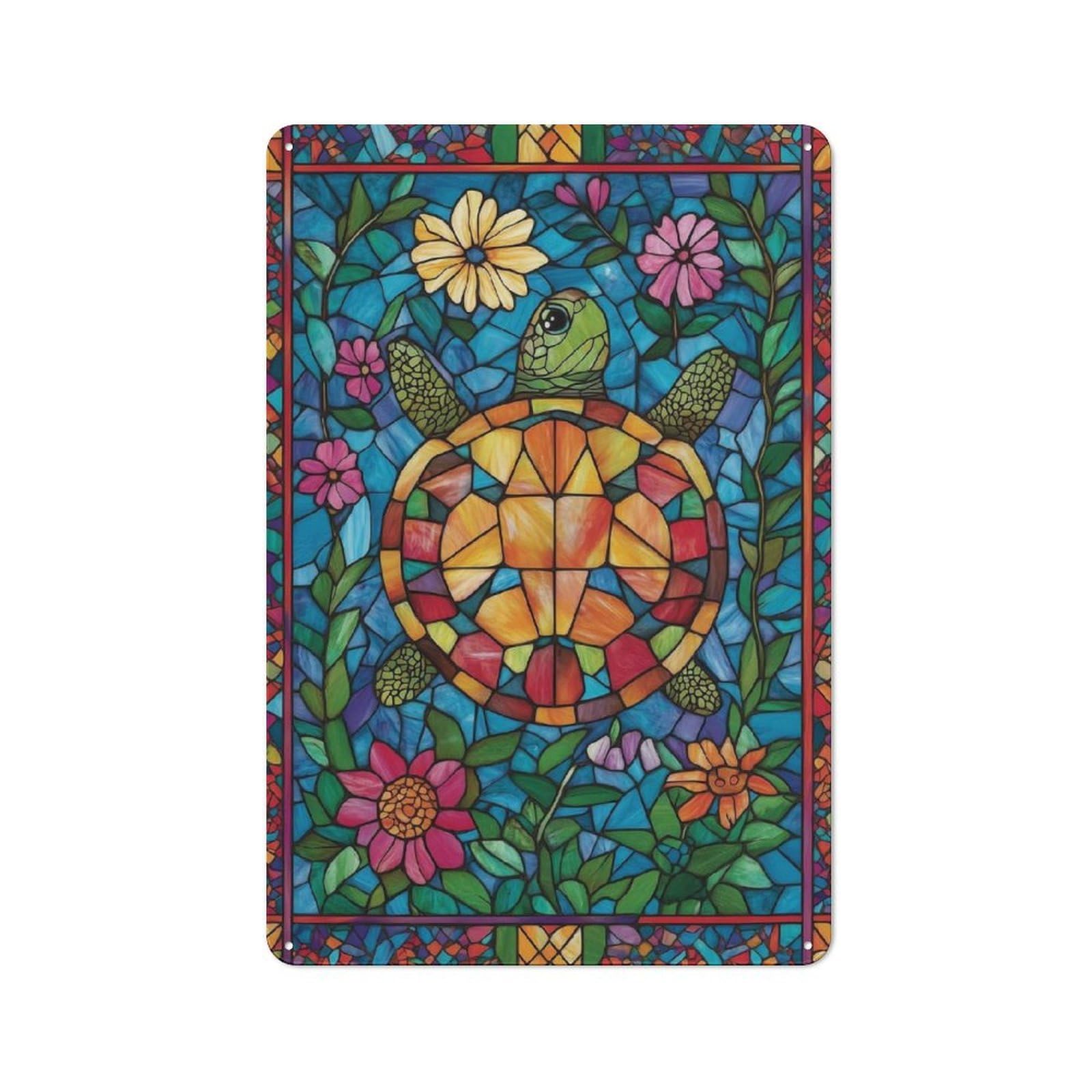 Junmoney Stained Glass Turtle Tin Wall Sign With Design 30X20cm, Classic Bistro Wall Plaque For Bakery, Diner, Cafe Or Family Room