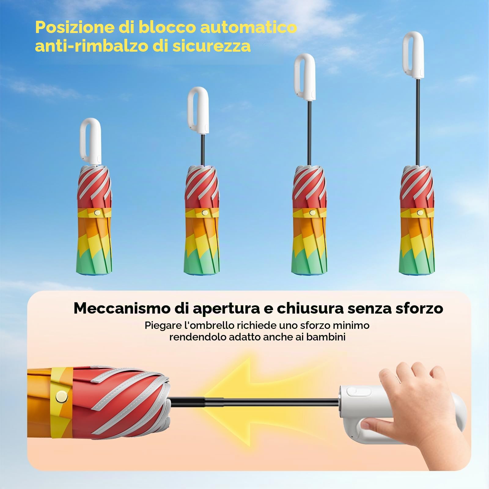 auvstar Ombrello riflettente, per bambini, antivento, automatico, pieghevole, con manico a gancio, apertura e chiusura automatica, UPF 50, arcobaleno