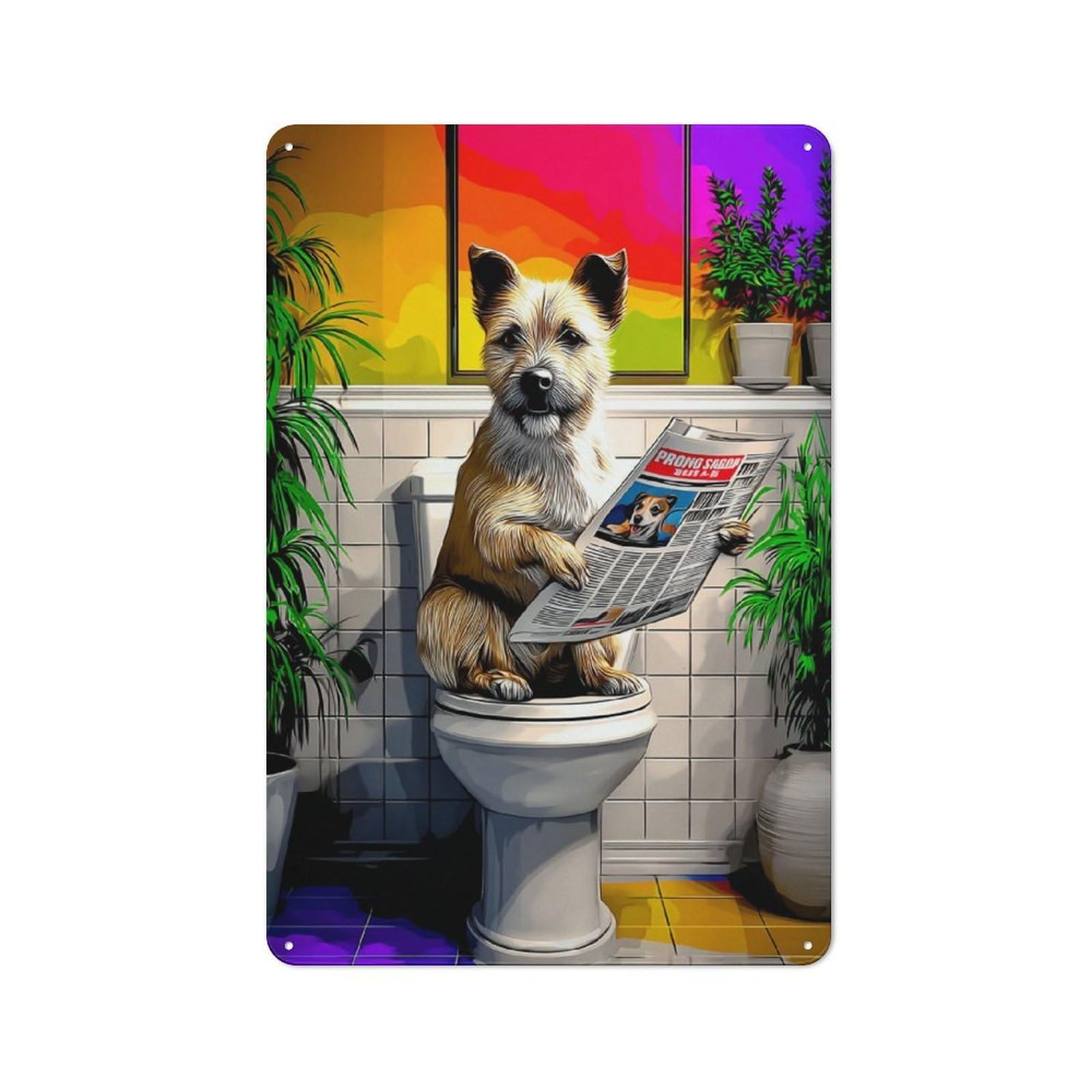 Junmoney Dog Reading Newspaper On Toilet-2 Metal Wall Sign 30X20cm Featuring For Café Or Home Bar, A Winter Wall Decor Update For Hospitality Decor Collectors