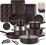 JEETEE 50-Piece Titanium Pots and Pan Set Non Stick, Cookware Set with 6pc Bakeware, Professional Pots and Pans Set for New Home Cooking, Induction & Oven Safe, PFAS Free, Mocha Brown