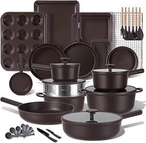 JEETEE 50-Piece Titanium Pots and Pan Set Non Stick, Cookware Set with 6pc Bakeware, Professional Pots and Pans Set for New Home Cooking, Induction & Oven Safe, PFAS Free, Mocha Brown