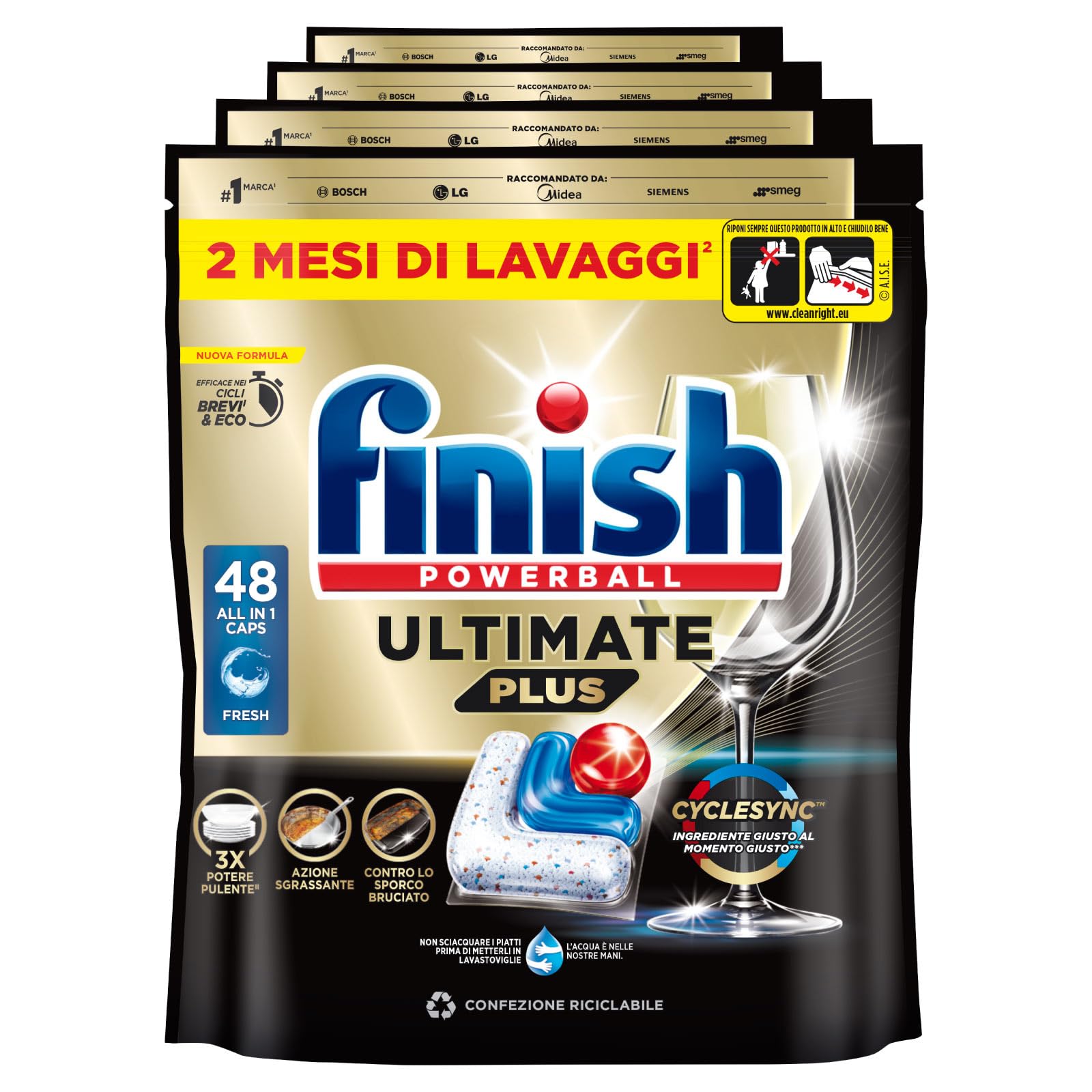 Finish Powerball Ultimate Plus 192 Pastiglie Capsule Classico Lavastoviglie Contro le Macchie di Bruciato Brillantezza Eccezionale Pulizia Intensa - 4 Confezioni da 48 Tabs