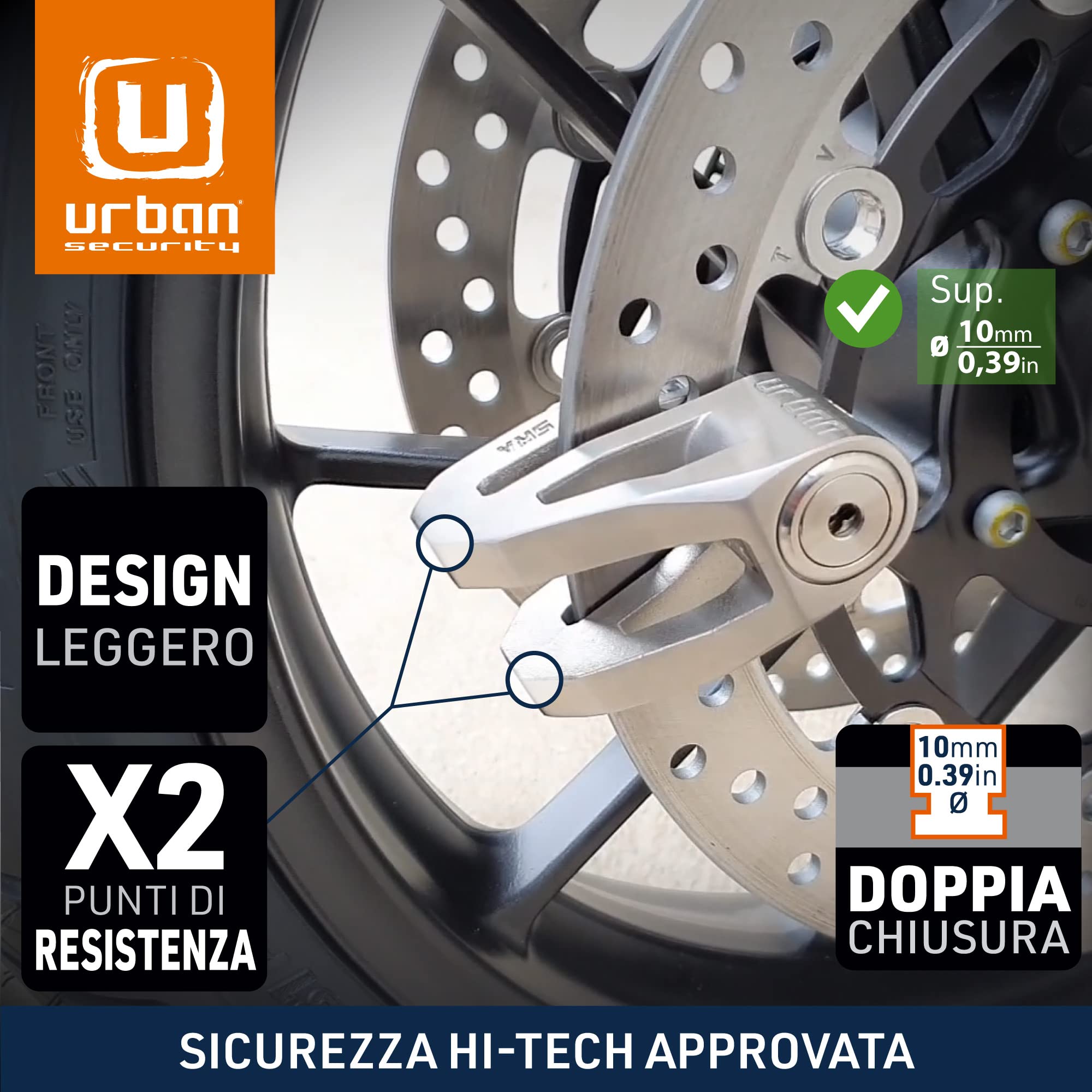URBAN UR210S Blocca Disco per Moto, Omologato SRA, Antifurto Moto Serratura Alta Sicurezza, Esclusivo Design Acciaio Inossidabile Lucidato, Doppio Bloccaggio Ø10, Lucchetto Bloccadisco Scooter