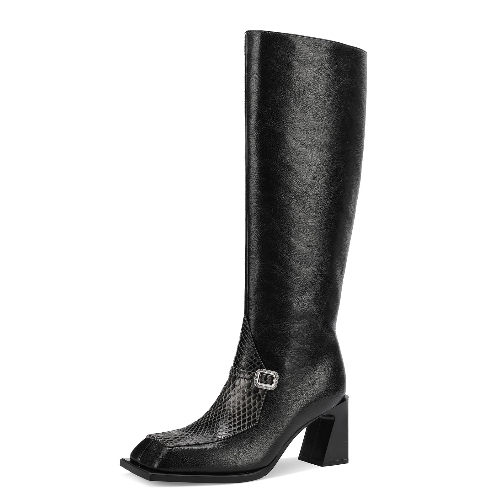 TDD Knee High Boots for Women Black Square Toe Fall Winter Platform Block Chunky Heeled 2 inch Heel