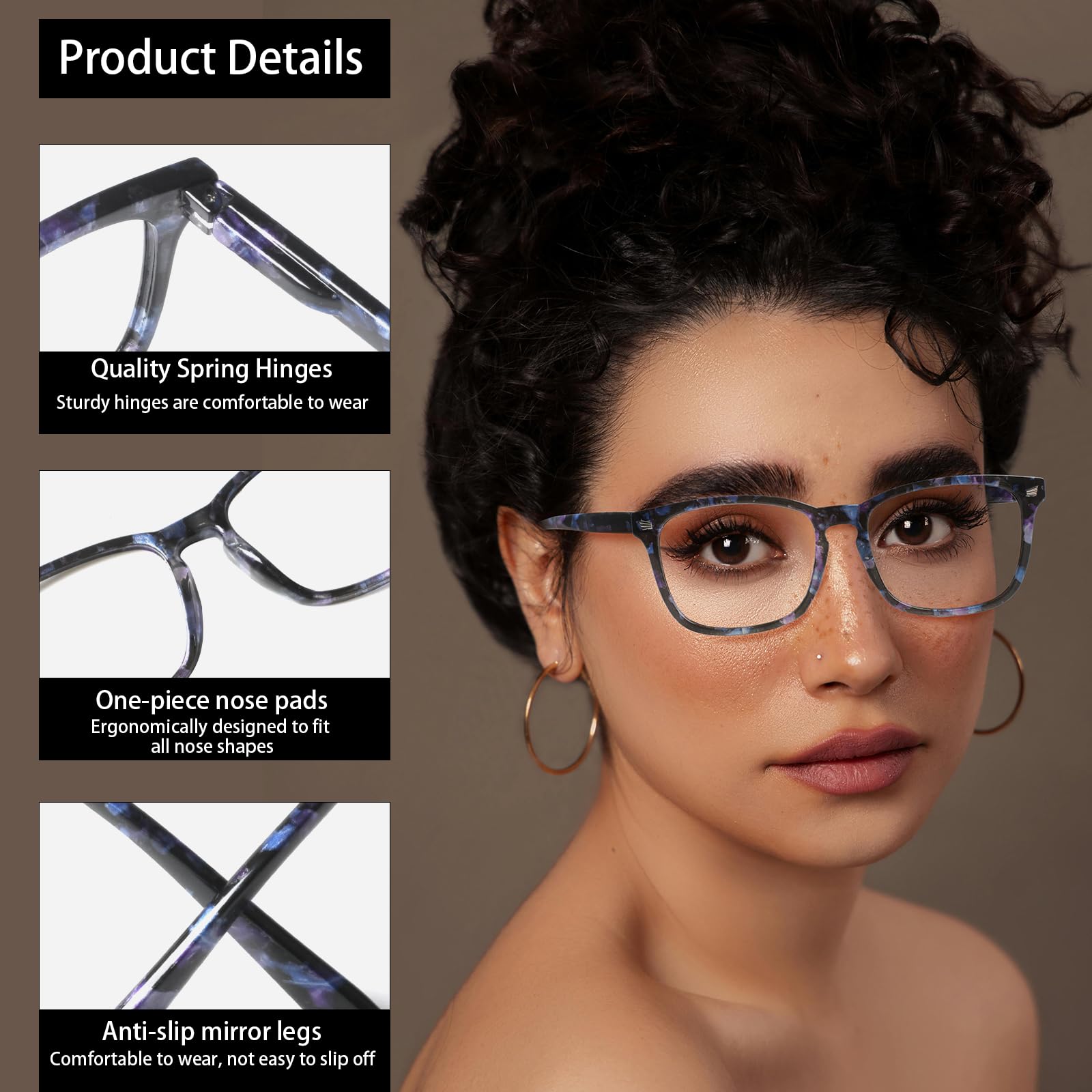 Henotin Blaulichtblockierende Lesebrille für Damen und Herren, Federscharnier, Computerleser, Anti-UV-Strahlen, quadratisch, Nerd-Brillen, 4 Stück
