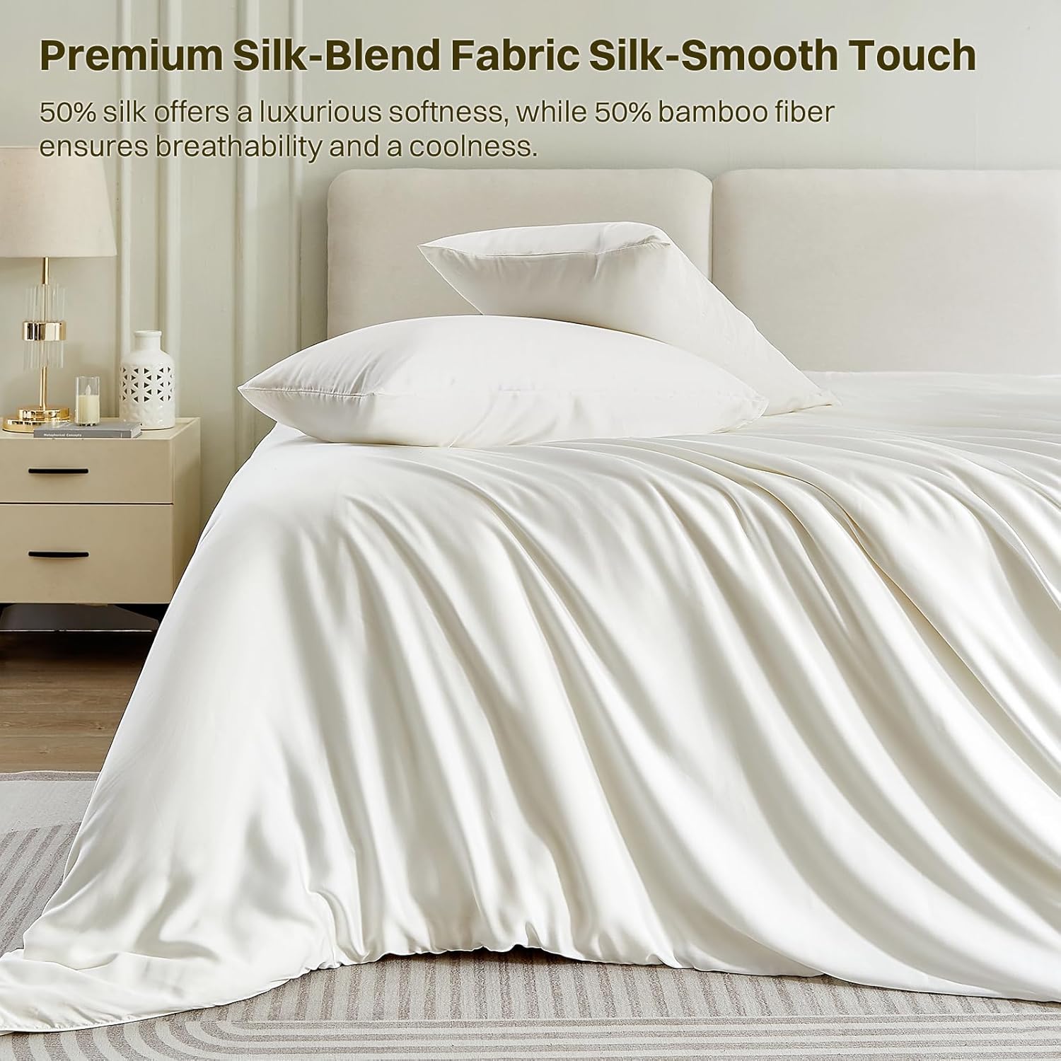 Silk Comforter Set 4 Pieces, All-Season 100% Silk Filled Comforter with Detachable Duvet Cover, Moisture-Wicking, Bedding Set with Comforter Insert, Duvet Cover, 2 Pillowcases (White, Queen)