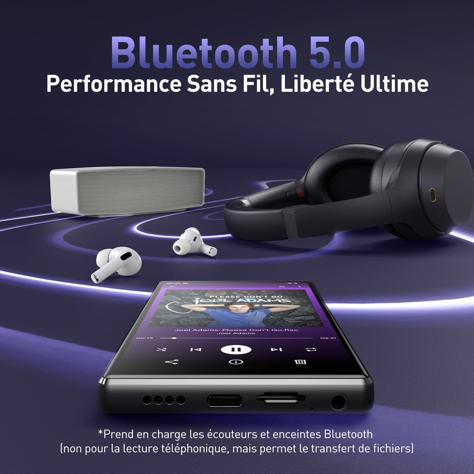 AGPTEK 128Go Lecteur MP3 Bluetooth WiFi, MP4 Spotify Android 13 avec 5"Écran Tactile HD, Compatible avec Deezer, Amazon Music, YouTube, Pandora, Audible, Libby, MP4 Enfant avec Contrôle Parental, Noir