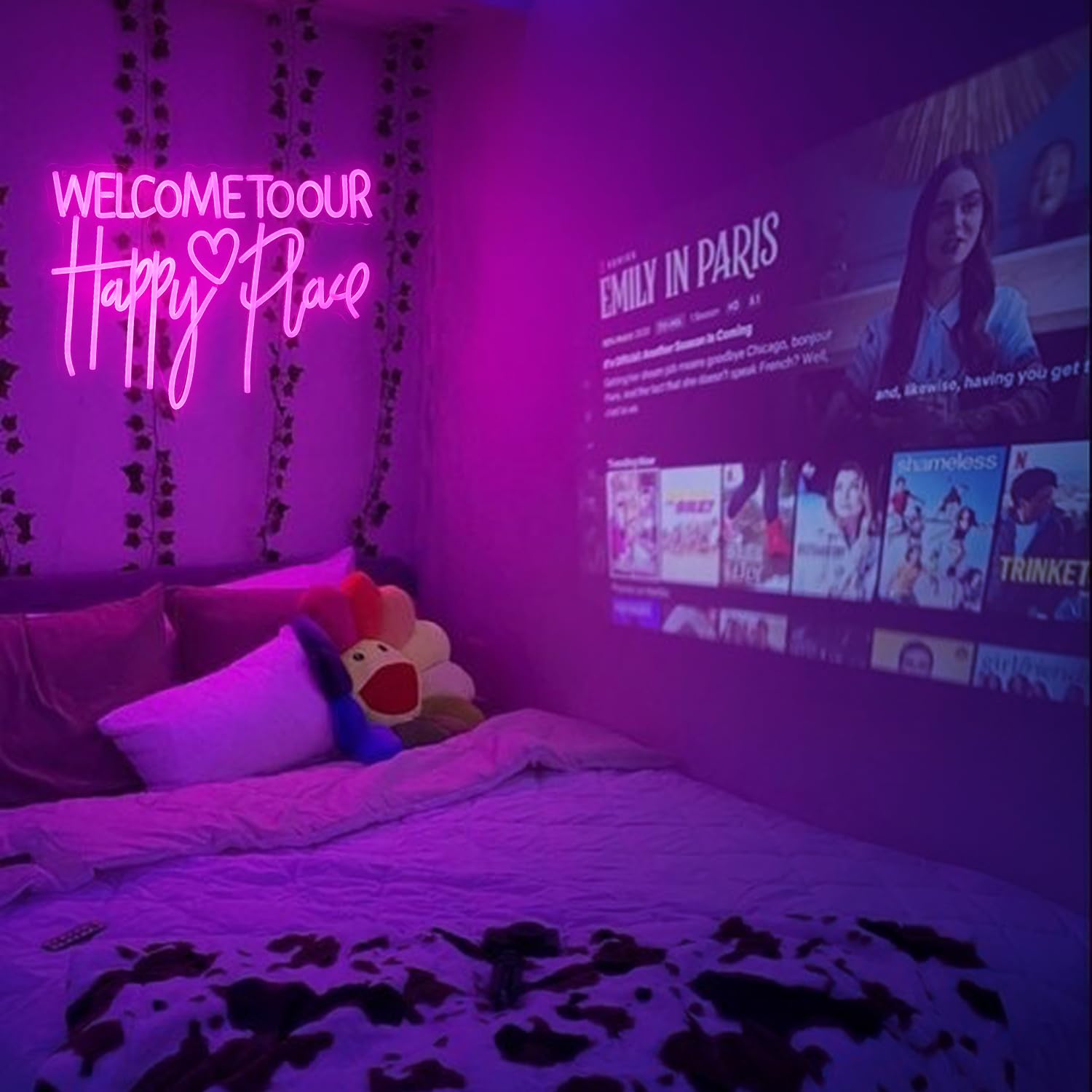 Neonschild mit Aufschrift "Welcome To Our Happy Place", mit USB, dimmbar, fröhliche Buchstaben, leuchtendes Schild für Schlafzimmer, Hochzeit, Party, Heimdekoration (42 x 32 cm)