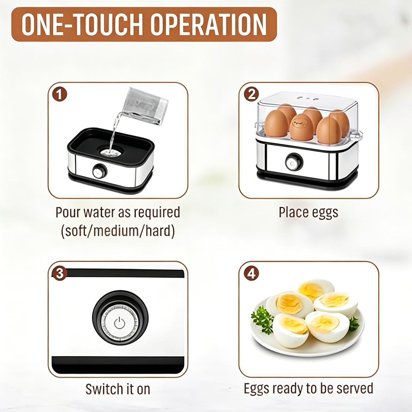 Cocedor de Huevos Eléctrico Inteligente 3 en 1 con Apagado Automático, Bandeja Extraíble, para 6 Huevos para Hacer Huevos Pasados por Agua, Medianos, Duros, Escalfados y Revueltos, Hervidor al Vapor