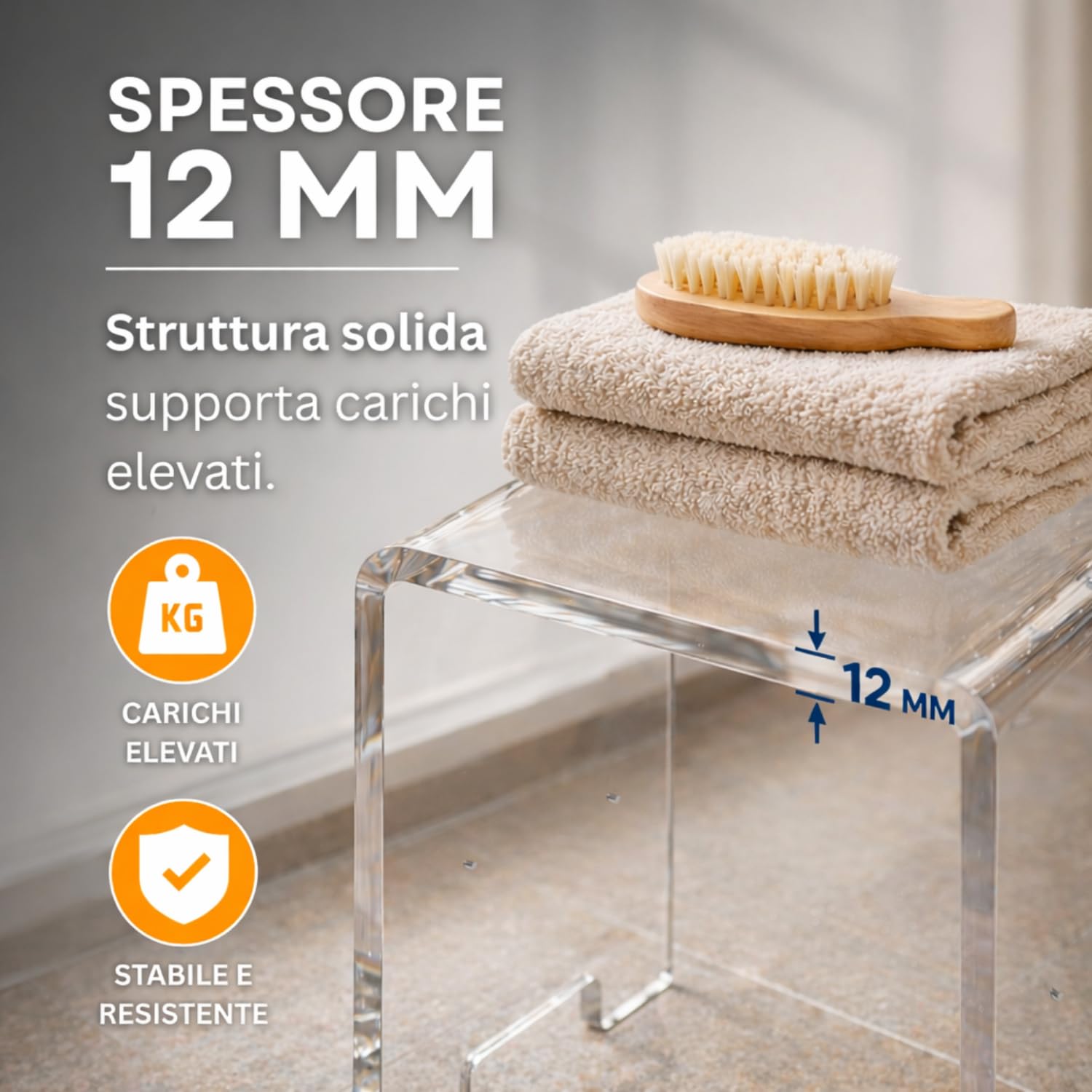 Agplex Sgabello Doccia in vetro acrilico plexig. 12mm misure 35x25x40 cm, sgabello bagno trasparente e resistente, design moderno multiuso per ogni ambiente - Made in Italy