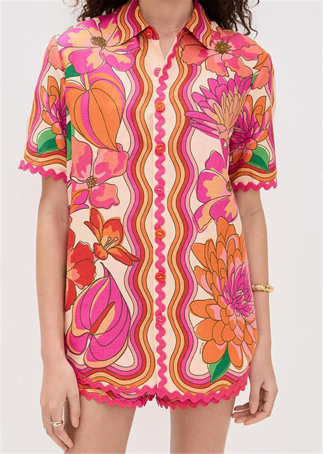 Qikaka Women's 2 PCS Flowers Printed T-shirts Tops Bodycon Shorts Sexy Nightclub Party Tracksuit Outfits Set