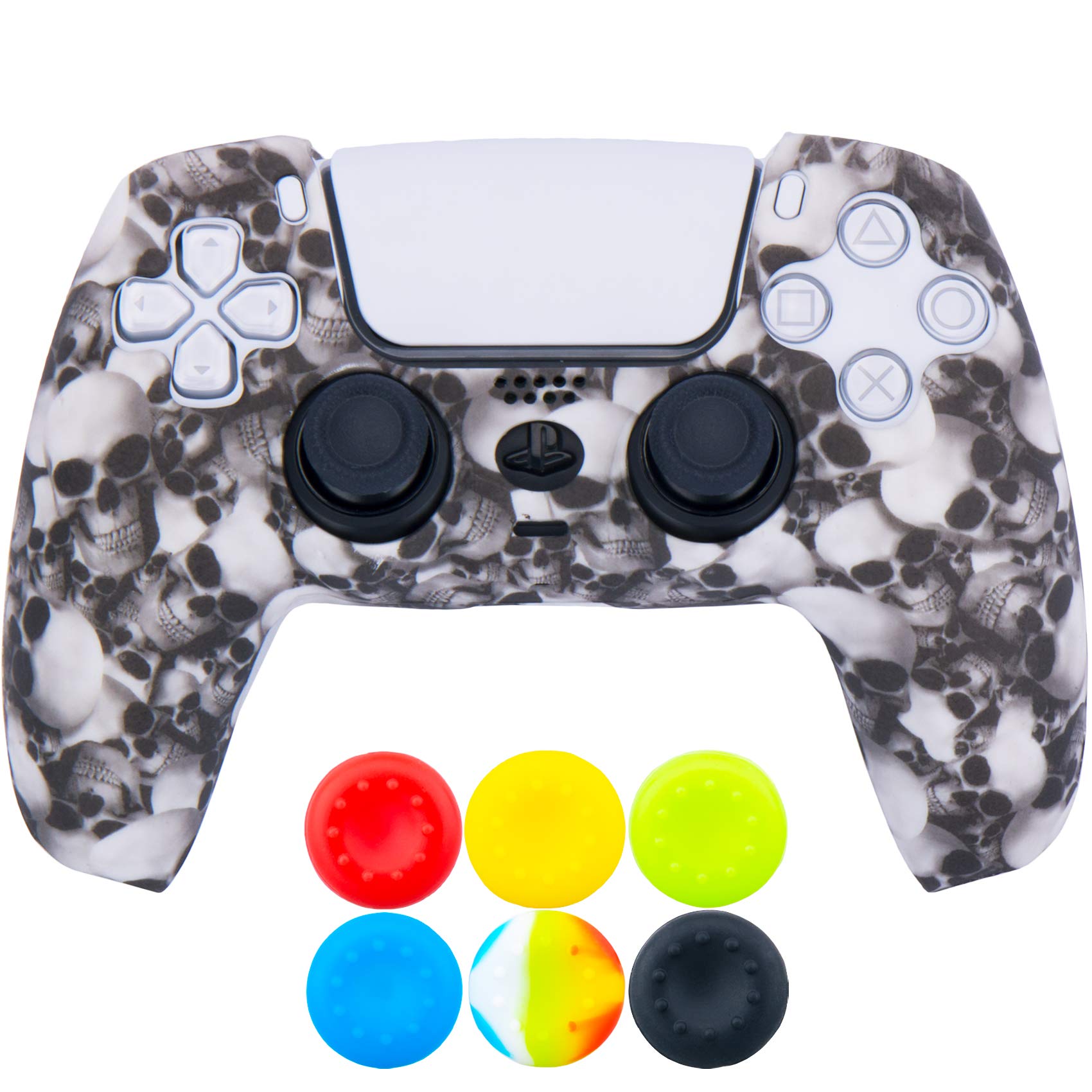 1 Piece of Silicone Transfer Print Protective Thick Cover Skin + 6 Thumb Grips for Playstation 5 / PS5 Controller White Skulls