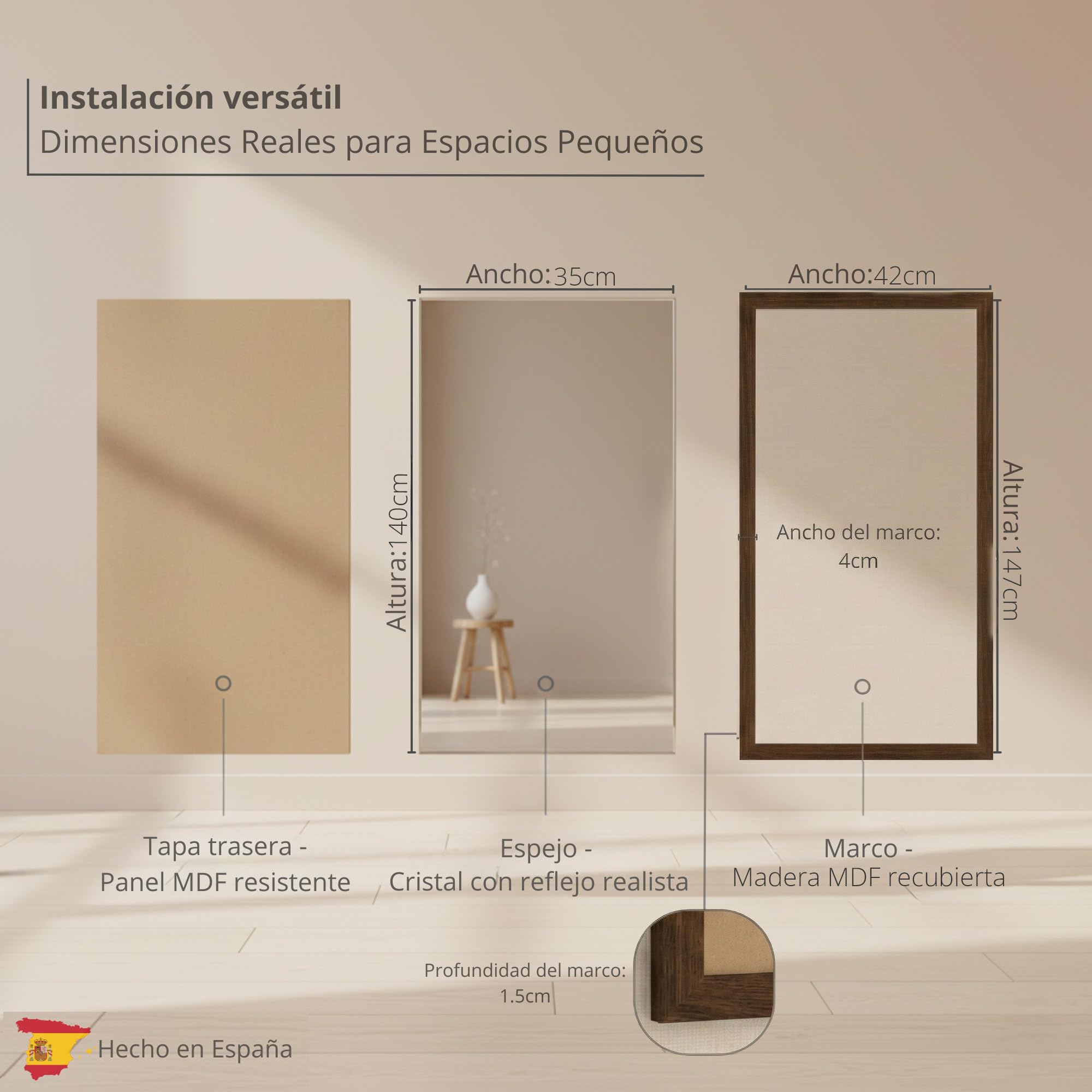 CHELY INTERMARKET MOD128 Espejo Pared Vertical Decorativo Grande Estilo Moderno Marco Madera Cuerpo Entero Elegante 35x140 cm Nogal Ideal Recibidor Dormitorio Baño Incluye Kit Montaje