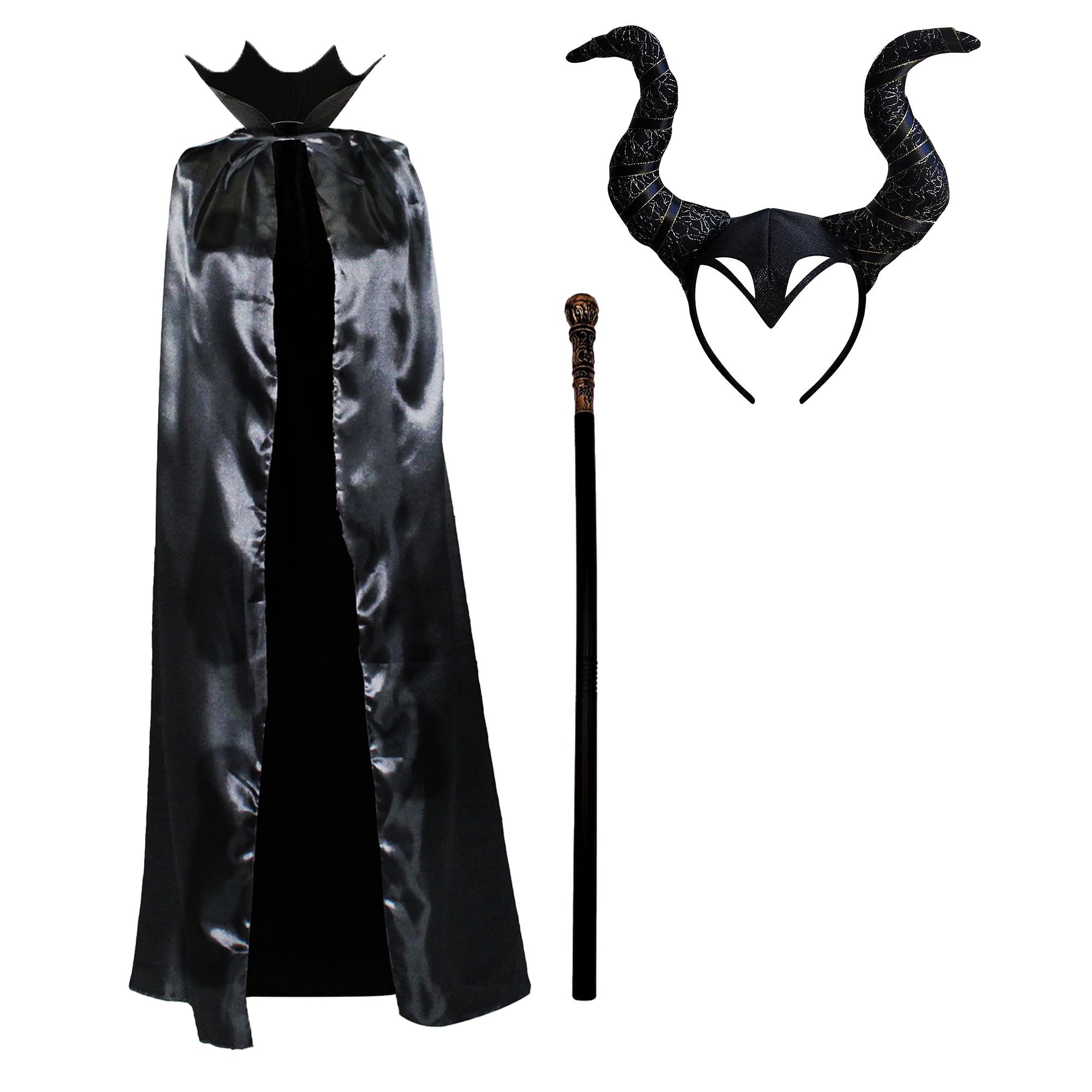Disfraz maleficente Mujer Adulto Halloween Carnaval, Capa maleficente Negro Cuerno bruja negra Ala bruja negra Negra Baston witch para Reina Malvada Devil