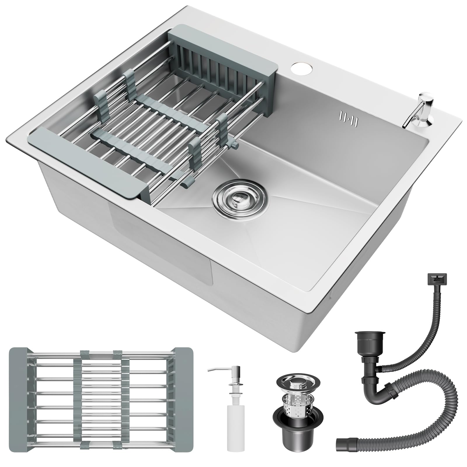 Évier Cuisine 1 Bac 55 x 45 cm, STANEW Évier Encastrable, Trous pour Robinets et Distributeur de Savon et panier télescopique, Argent