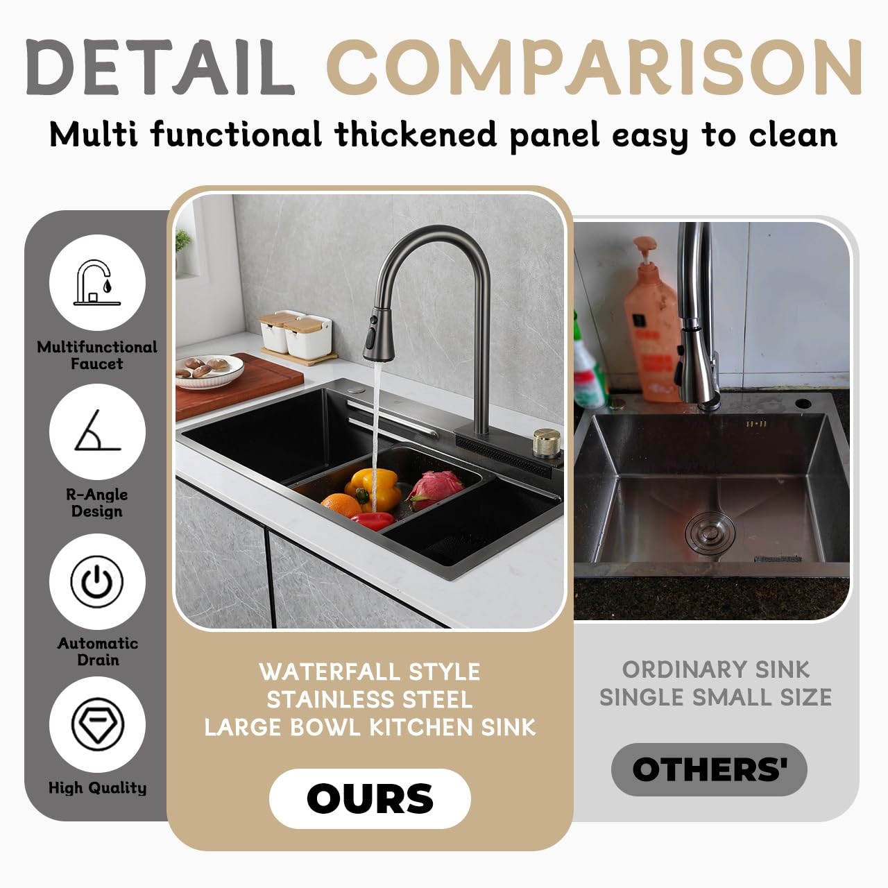 HZKSINNK 80x50cm Lavello da cascata nero, multifunzionale Lavello Cucina 1 Vasca in Acciaio Inox, con Rubinetto Estraibile, sifone e Set di Drenaggio, e vari accessor, lavello domestico set