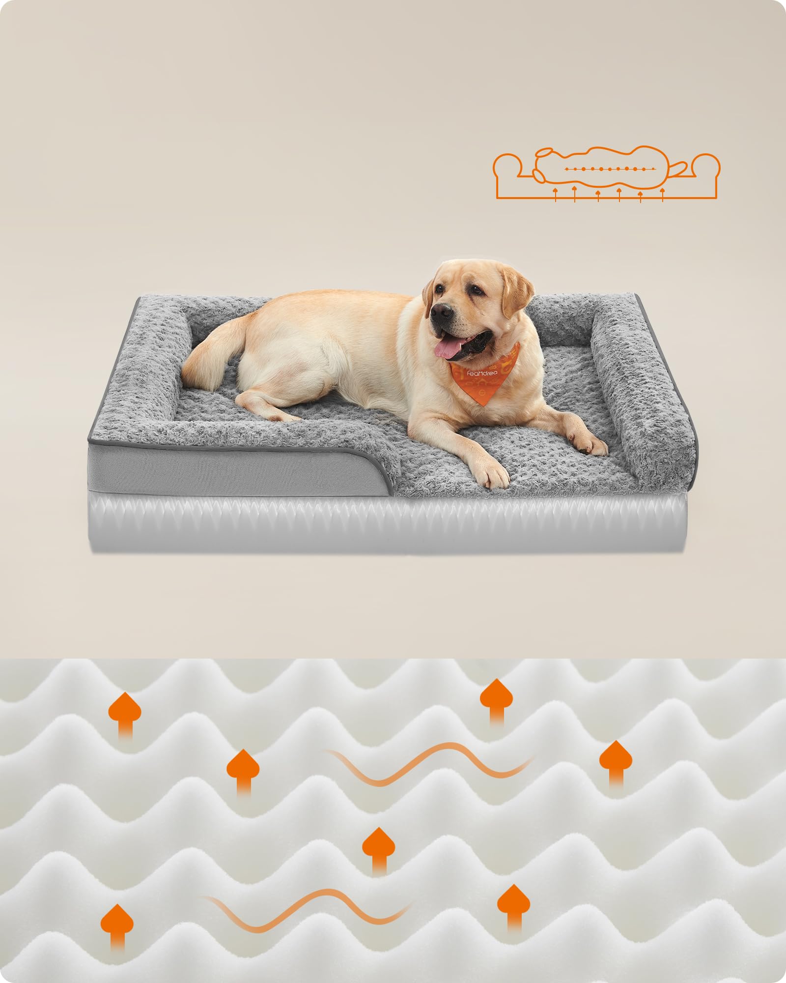 Feandrea Cuccia Cane Interno, Cuccia per Cani, Lettino per Animali, Ortopedico con Gommapiuma Ondulata, Bordi Rialzati, Copertura di Peluche Sfoderabile, 122 x 89 x 18 cm, Grigio Tortora PGW254G01