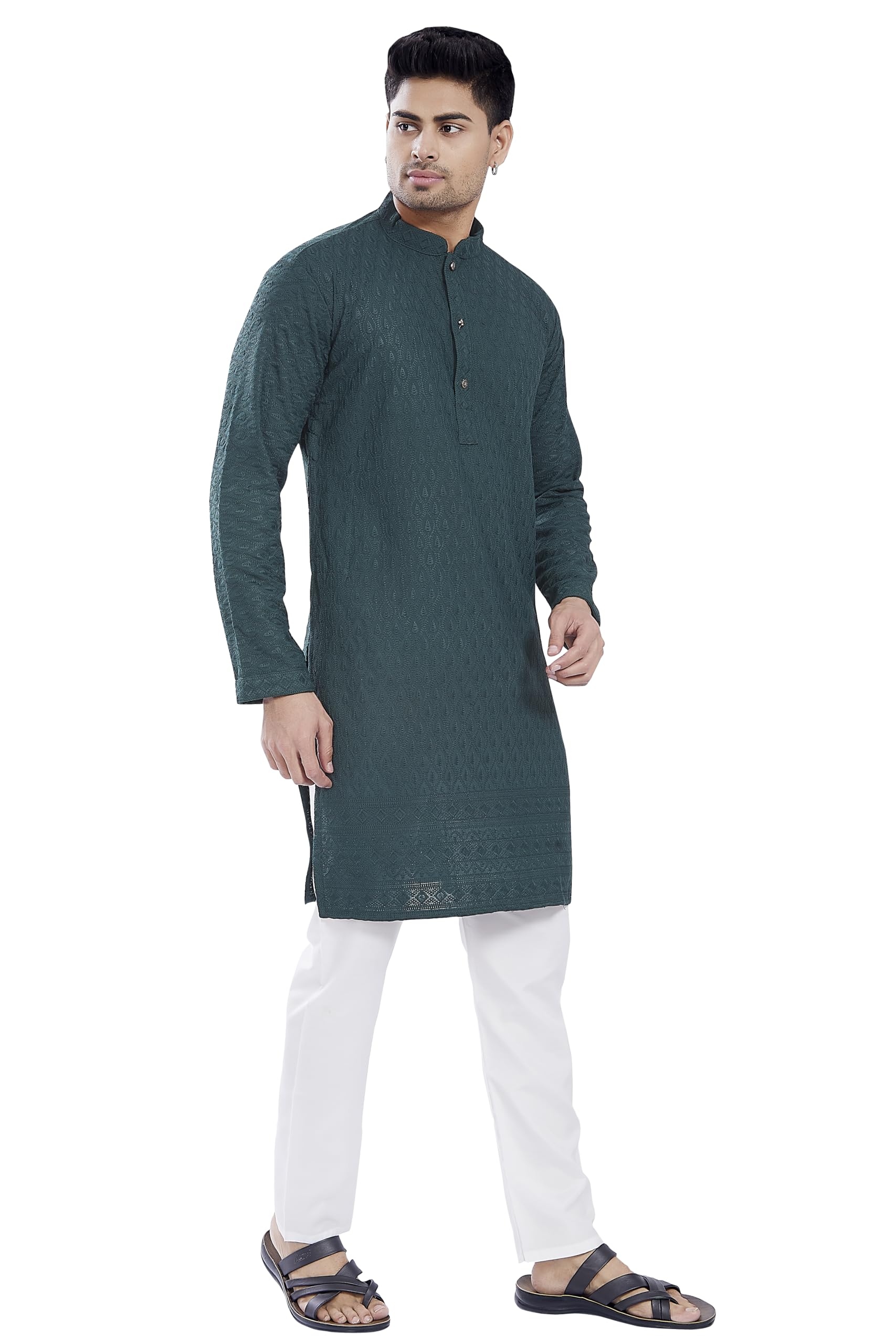 Divisive Men's Thread Embroidered Cotton Blend Only Slim Fit Kurta (Dkrt726_L_Bottle Green)