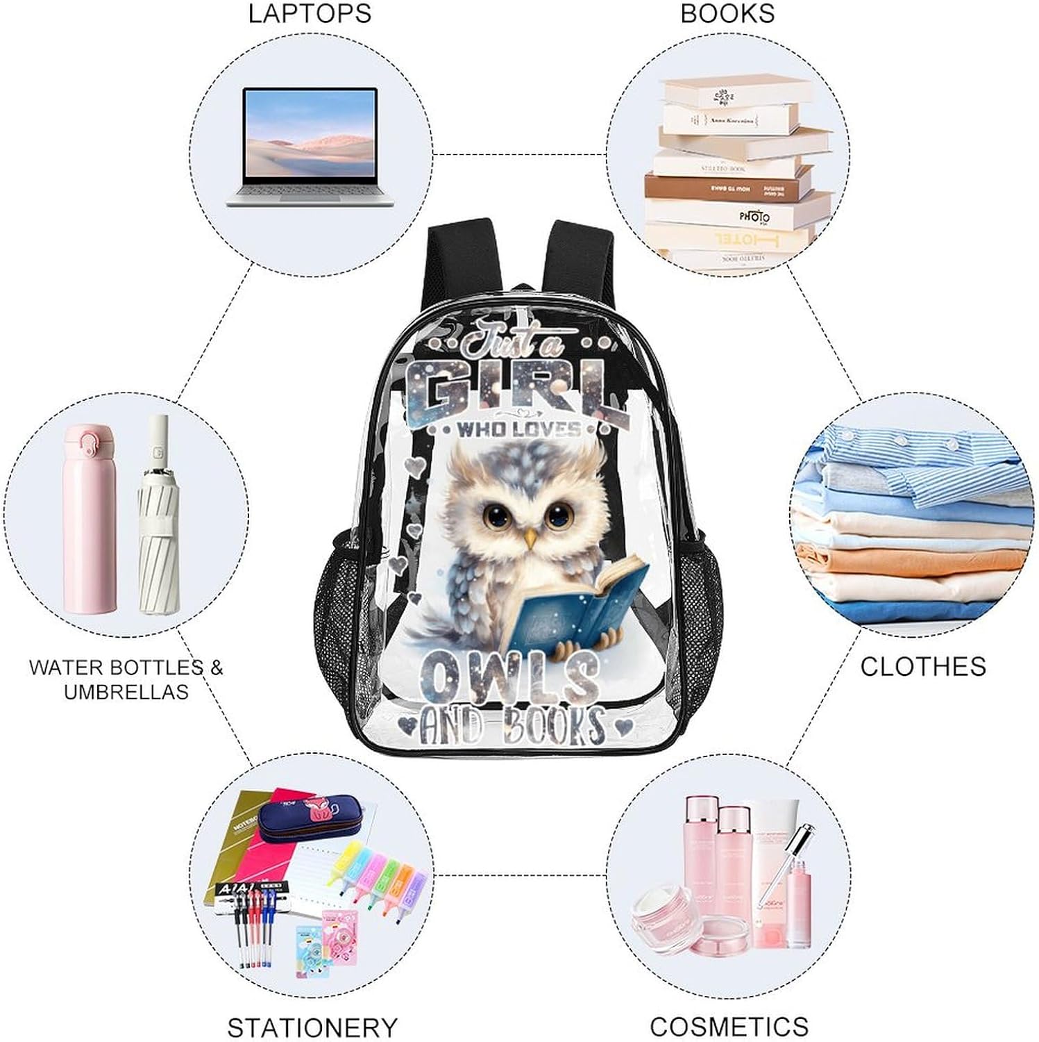 Owl Clear Backpack Heavy Duty for Girls Kids Boys Women Men - Large Cute PVC Owls Theme Printing Transparent Backpacks for Schools Stadium Concerts Work - Clear/Black
