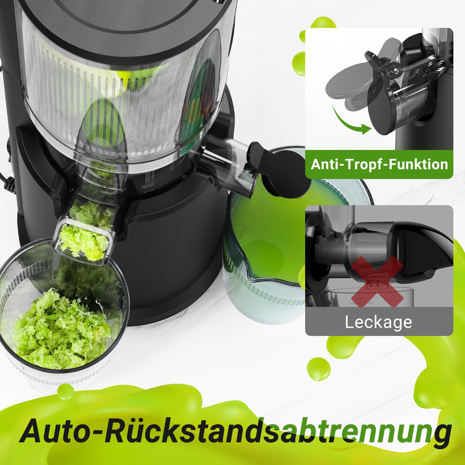 AOBOSI Slow Juicer mit 126 mm XXL-Einfüllöffnung – 1,5 L, 200 W leiser Entsafter mit Rückwärtslauf, Dreifachfilter & Press-Schnecke – Entsafter Gemüse und Obst Testsieger,Schwarz