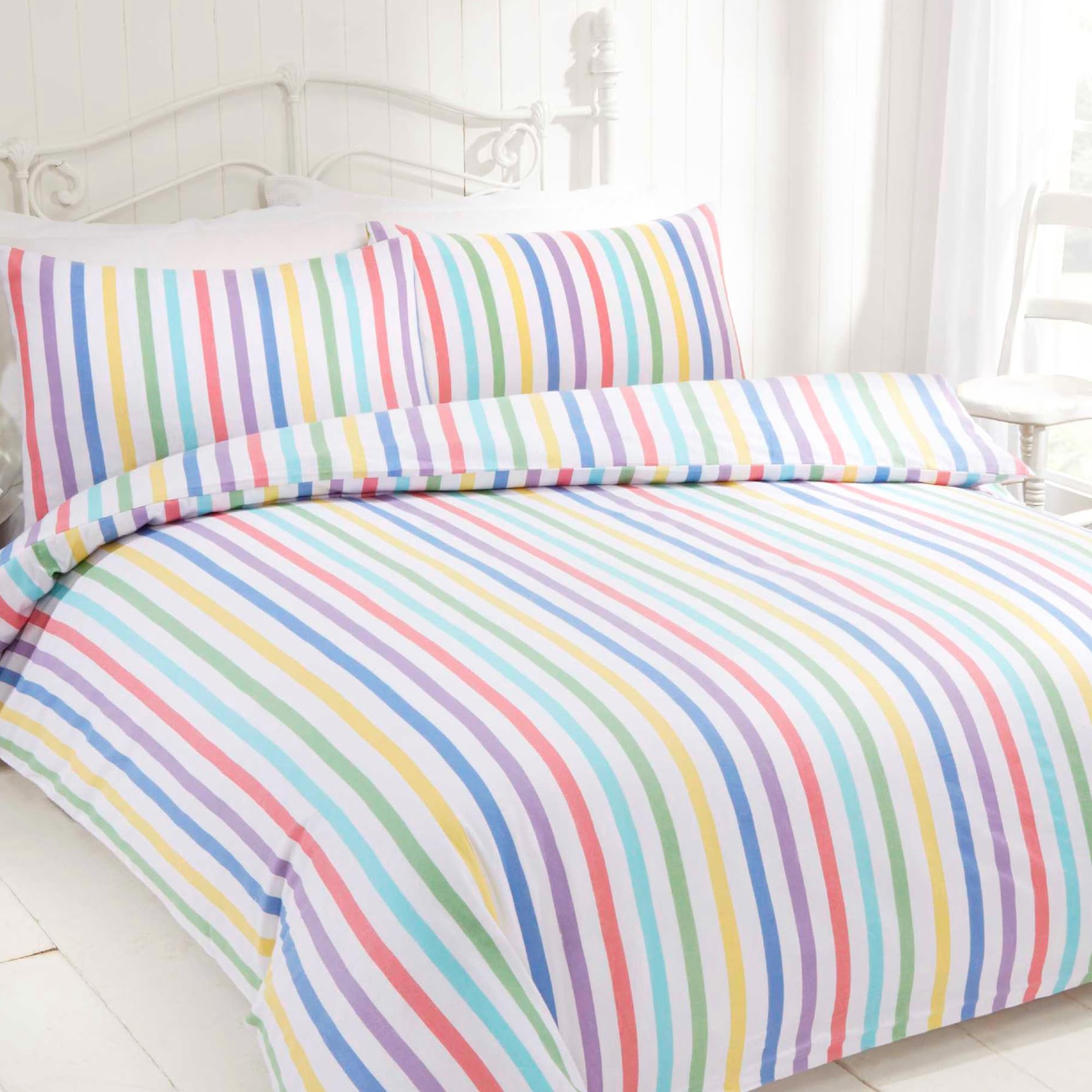 Rapport home Candy Stripe Double Duvet Cover Set - 100% Cotton, Multicolour Striped Pattern, Easy Care Bedding for Kids & Adults