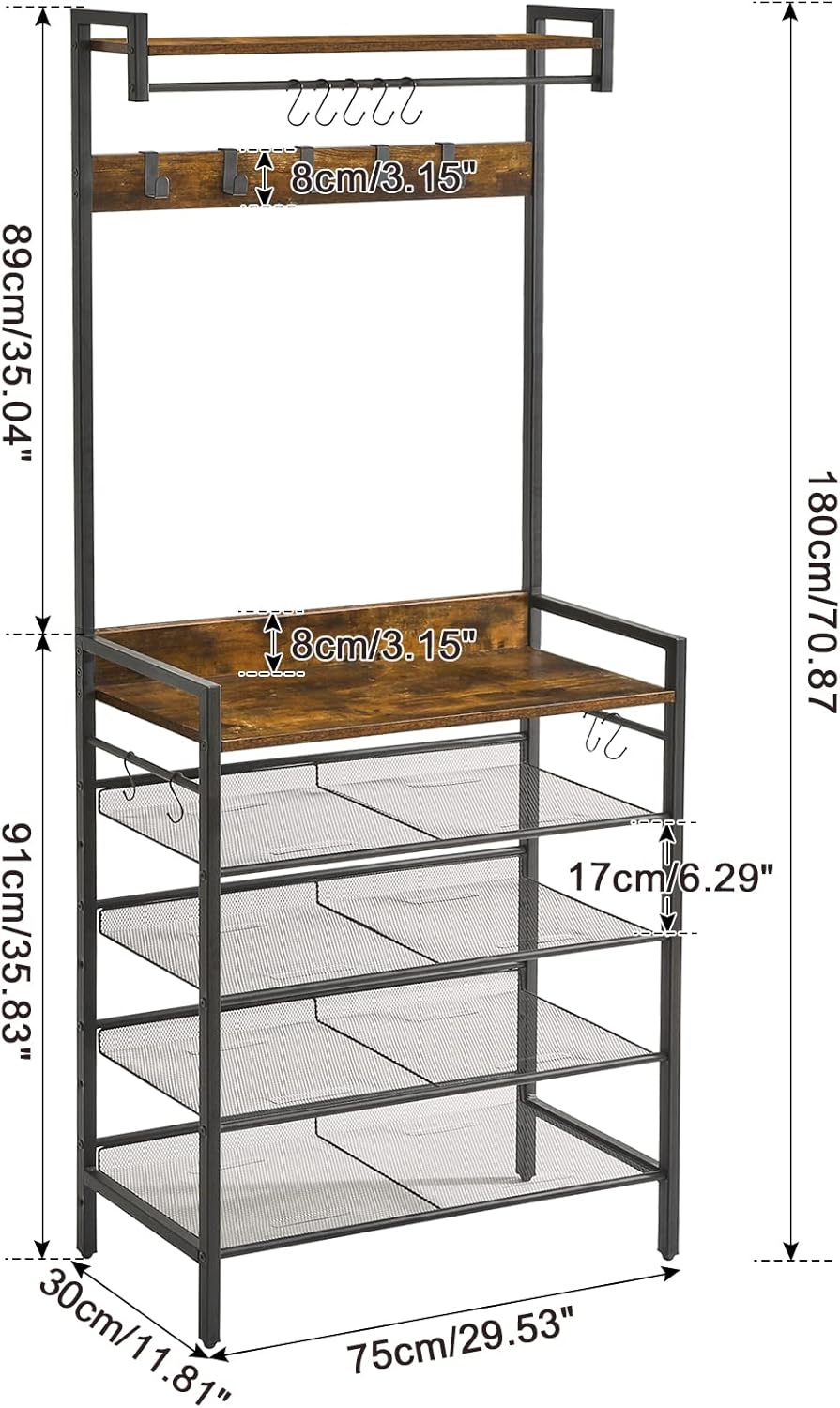 IBUYKE Coat Rack Shoe Rack, 4 in 1 Multi-Function Hall Tree with Slant Adjustable Shoe Storage, 5-Tier Storage Shelf and 9 Hooks Removable, Industrial Accent Furniture for Entryway, UTXJ008H