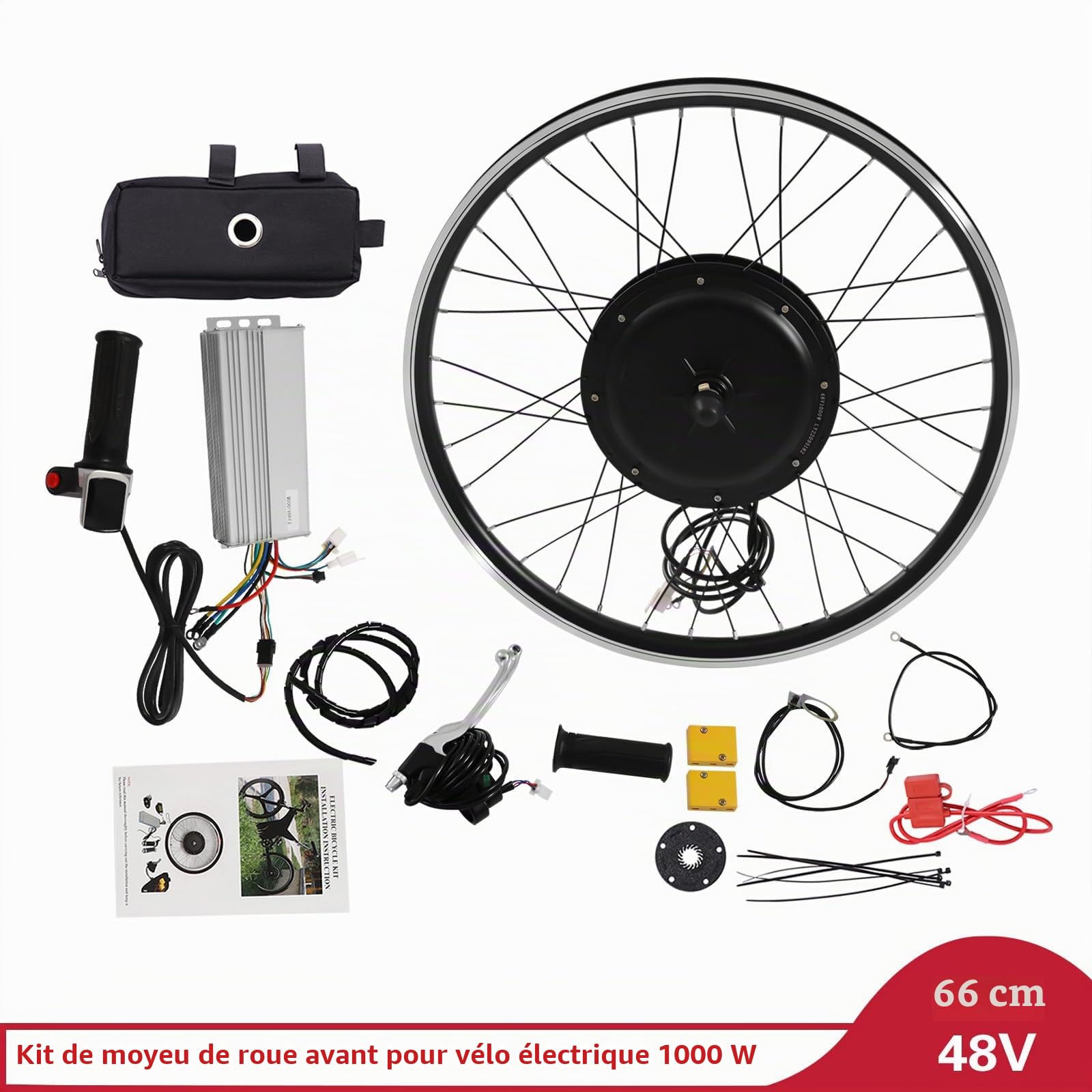 Kit de conversion de roue avant pour vélo électrique 26" 48 V 1000 W (sauf batterie) sans pneu