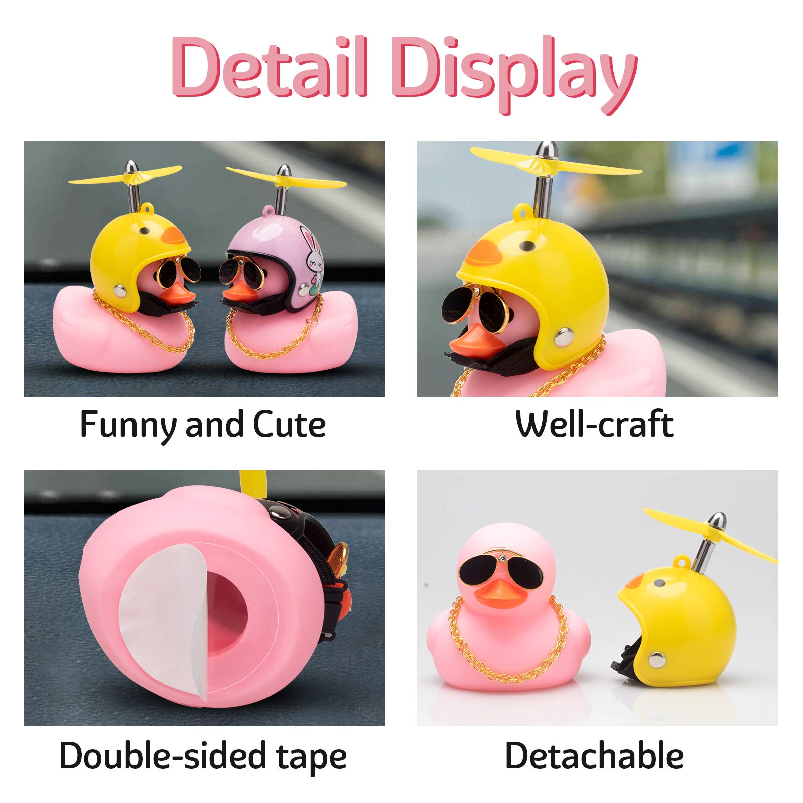 wonuu Pink Duck Car Dashboard Decorations Rubber Ducks Ornaments with Helmet Sunglasses Chain, Chicken-Pink