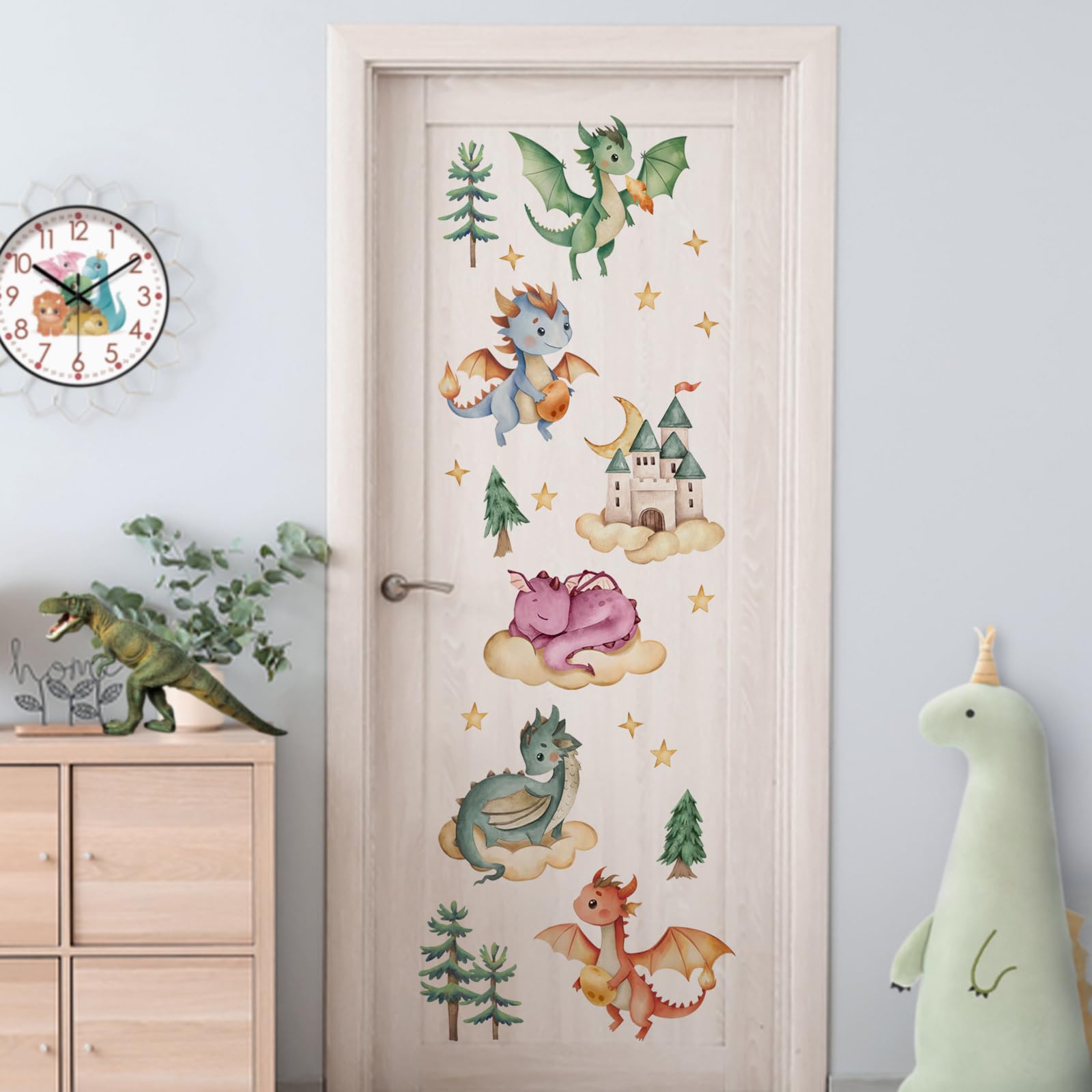 Yovkky Baby Dragon Naklejki Ścienne, Akwarela Zamek Sosna Chmura Księżyc Gwiazdy Neutralny Maluch Wystrój przedszkola, Smocze Jajka Dekoracje Domu Dzieci Dziewczyny Chłopcy Sypialnia Pokój Zabaw