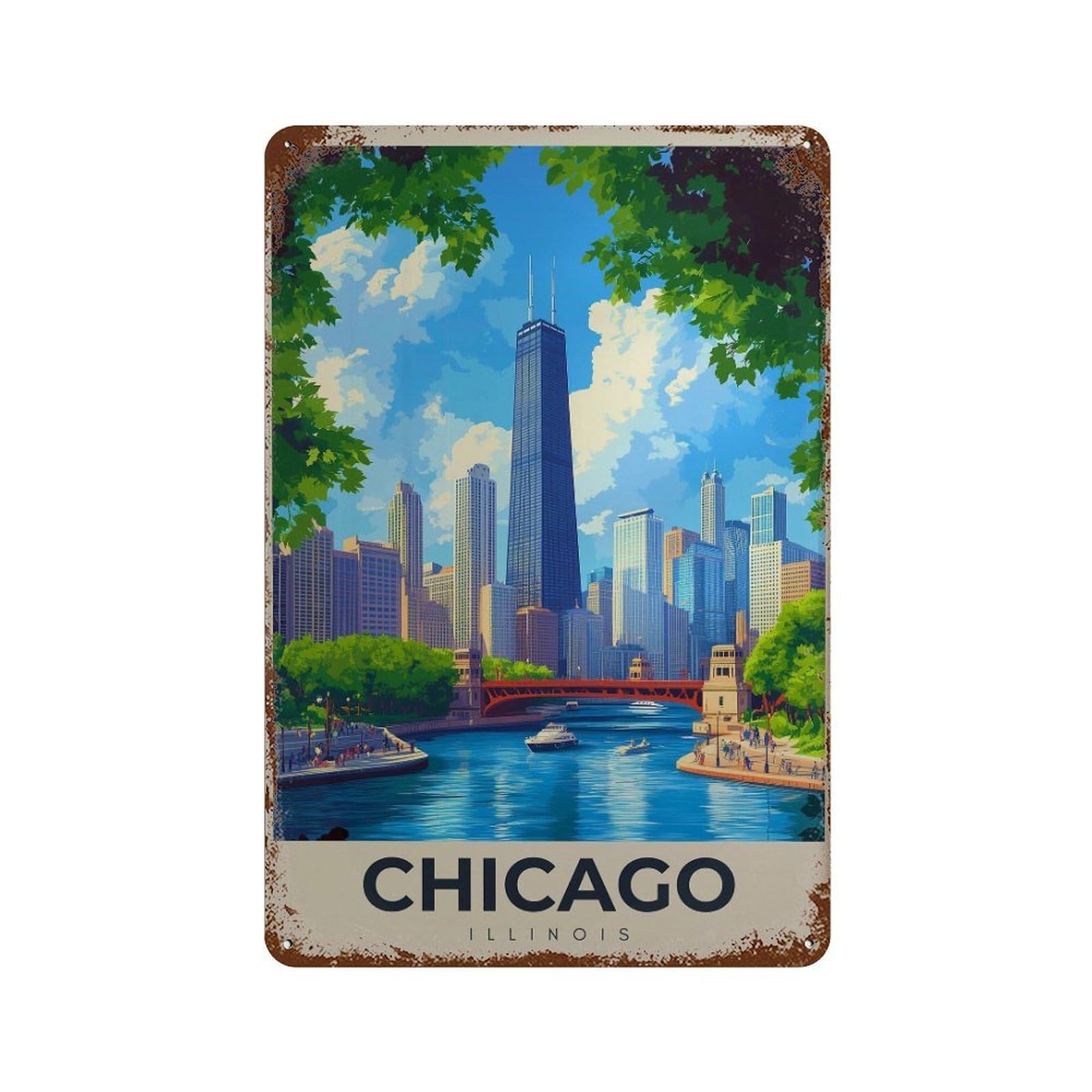 xiaoxiaoshen Chicago Travel Illinois Cityscape Wall Decor Art Metal Tin Poster Modern Home Decor Art Home Bar Shop Decorations Vintage Sign 30x20cm
