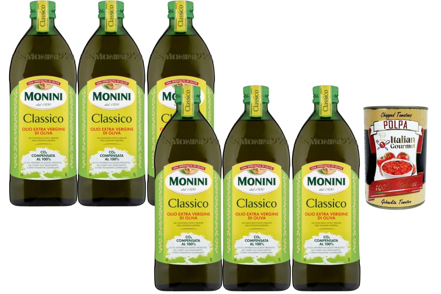 Monini Classico Huile d’Olive Vierge Extra Classico 6 x 1 L Bouteilles Verre Goût Équilibré Cuisine Italienne Méditerranéenne Assaisonnement Marinades Salades + Italian Gourmet Polpa