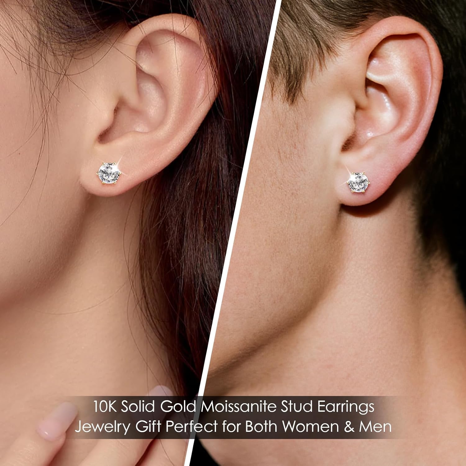 10K or 14K Solid Gold Studs Moissanite Earrings for Men | 1-2 Carat Round Lab Created Moissanite Simulated Diamond Real Gold Stud Earrings Screw Backs for Women