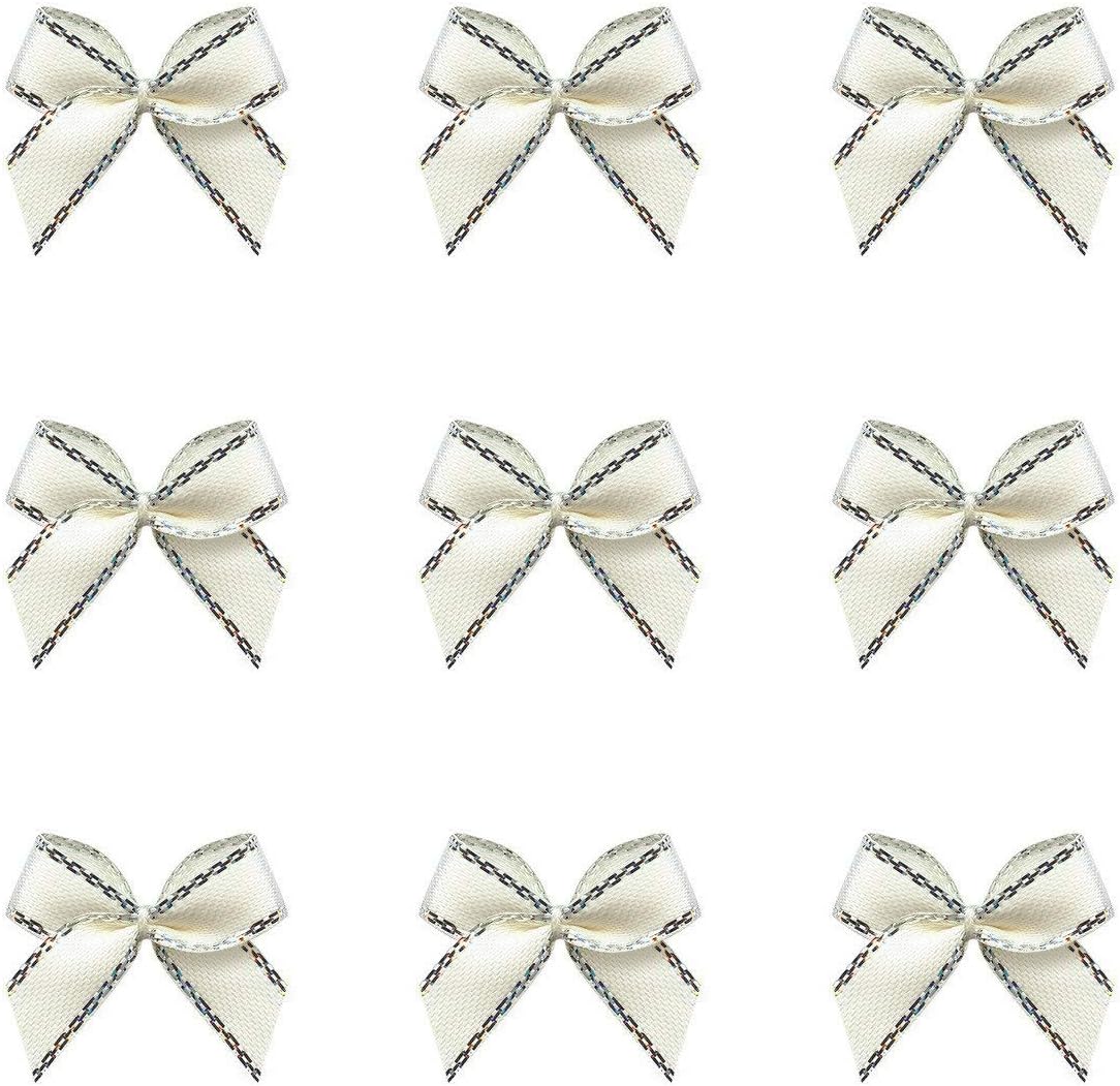 Aysekone 100 Pieces Mini Metallic Edge Satin Bowknot Flowers DIY Craft Ribbon Bow Appliques for Sewing,Scrapbooking,Wedding,Gift Decoration (Silver Metallic Edge - Creamy White)