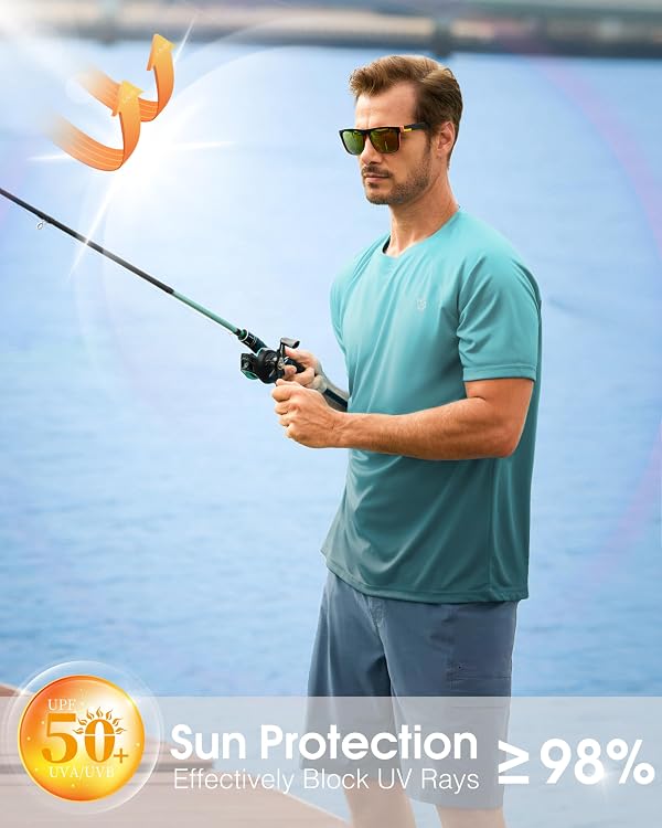 Men's Swim Shirts Rash Guard UPF 50+ Sun Protection Short Sleeve T-Shirts Workout Dry Fit Tee for Pool, Beach, Trip (Gradient Green Grey, M) by G Gradual - Used condition - Image 4