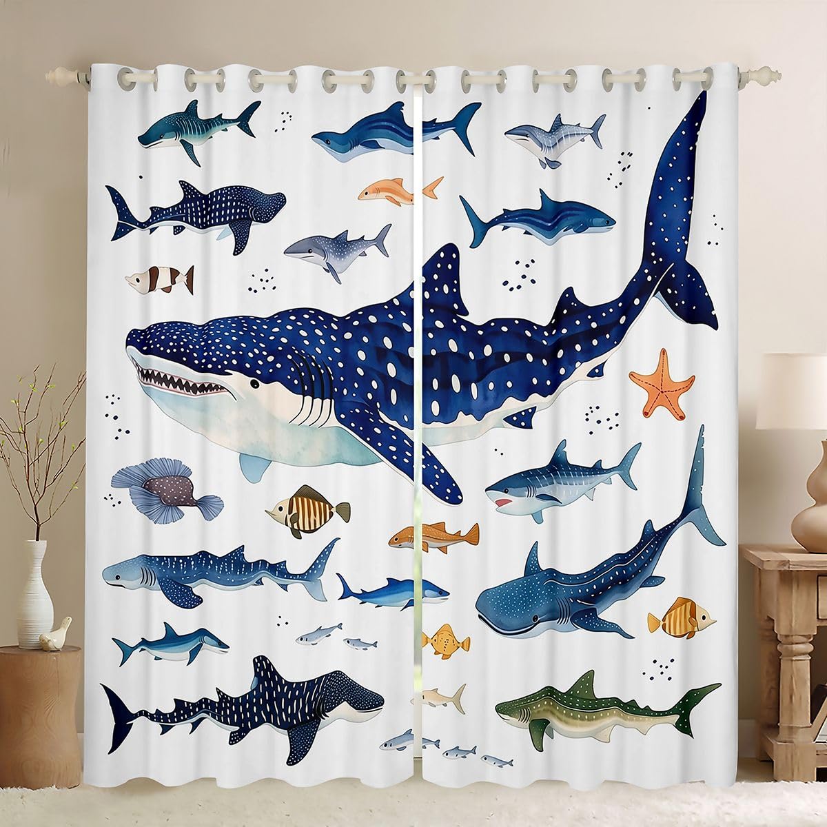 Homemissing Tende per balene di squali per camera da letto soggiorno animali pesce oceano tende oscuranti creatura vita marina trattamenti finestre, 2 pannelli larghezza 132 x lunghezza 230 cm