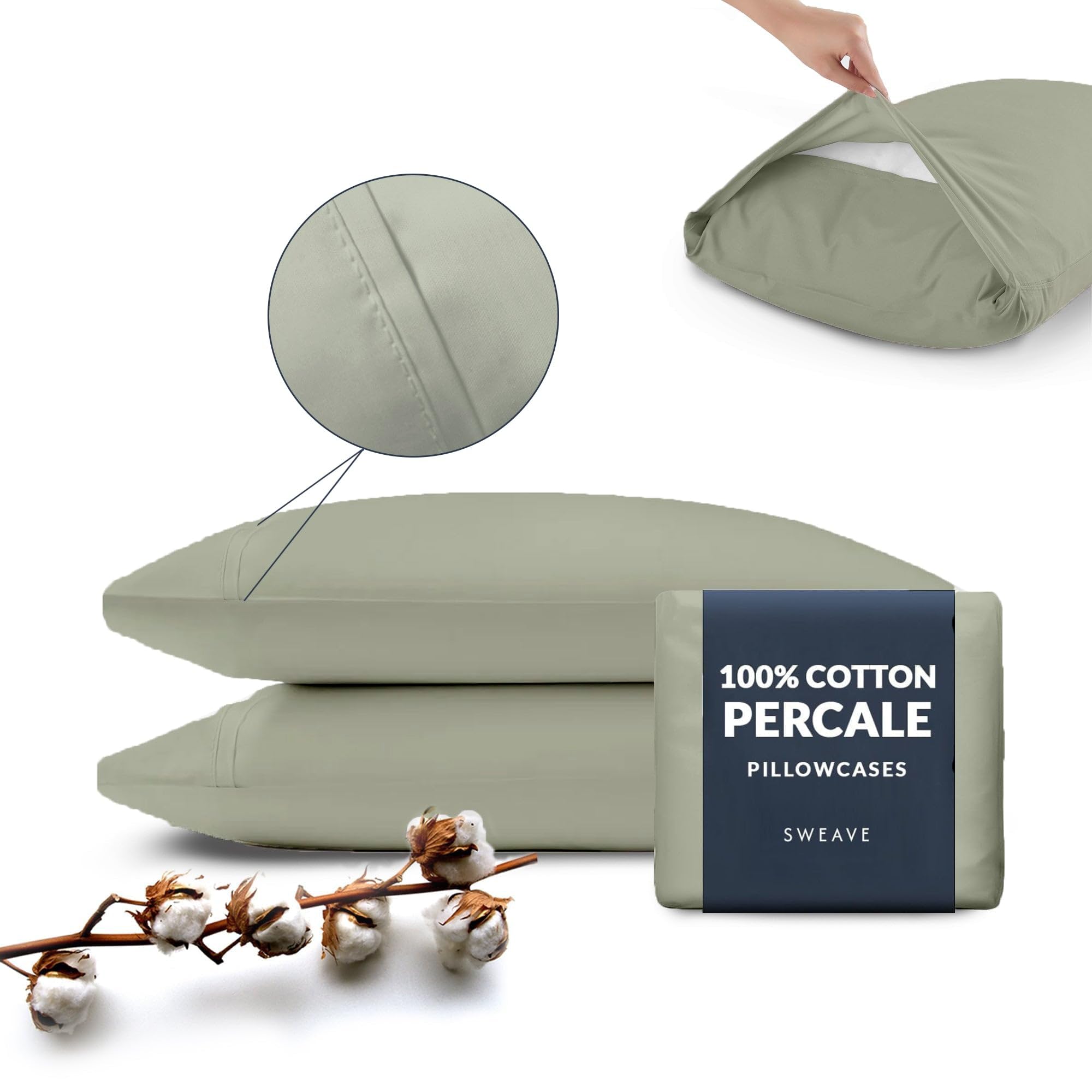 Percale Pillow Cases Standard Size - 100% Cotton Percale Pillowcases - Cool, Crisp, Breathable, Skin-Friendly Pillowcases, Envelope Closures, Z-Hem Stitch, Oeko-Tex Certified - Queen, Sage Green