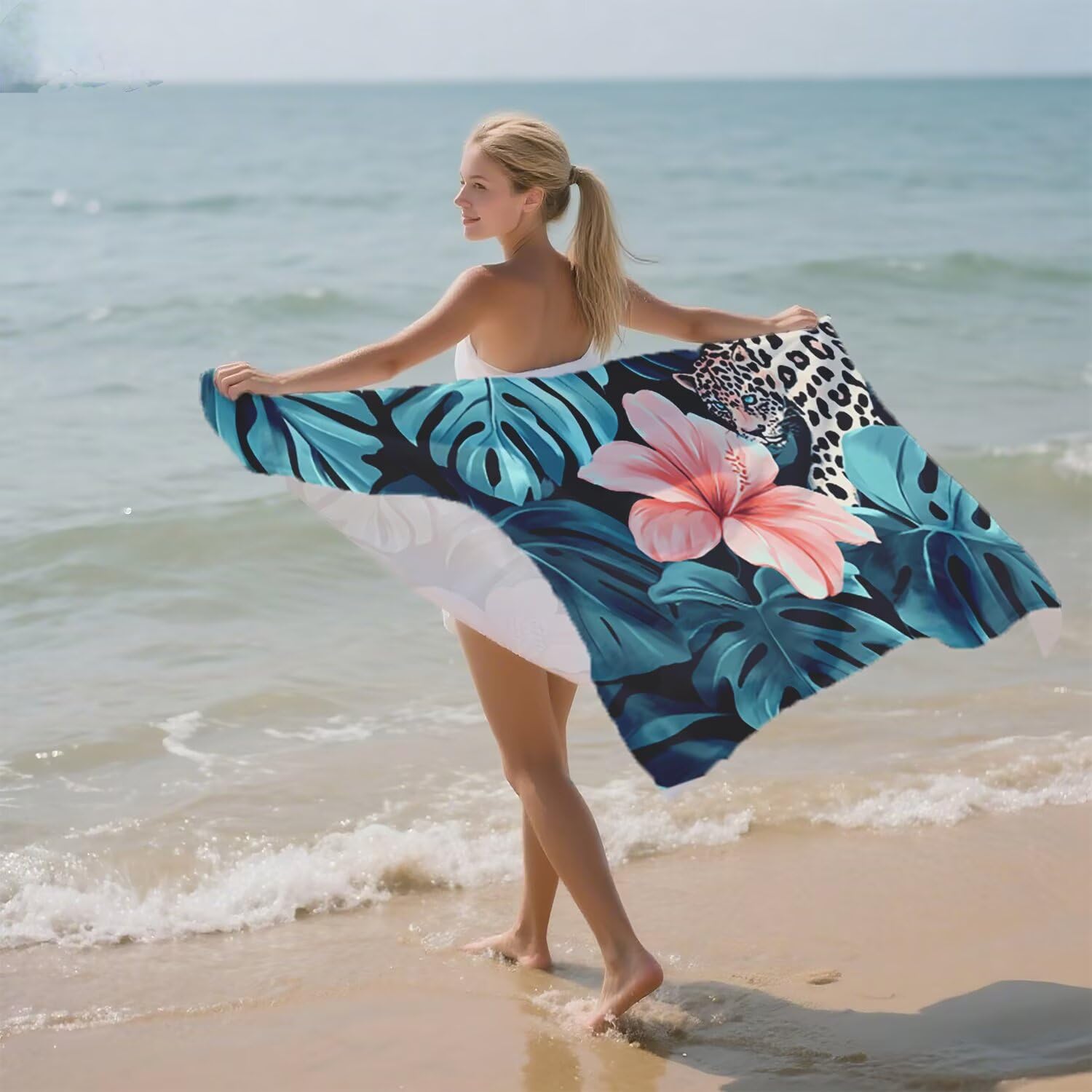 Toalla Playa Grande 160x220 Toalla Playa Microfibra, Ligera Secado Rápido, Sin Arena Portátil Toallas para Viajes, Hombre, Mujer Toallas, para Natación, Camping, Gimnasio (Planta Leopardo) p-495