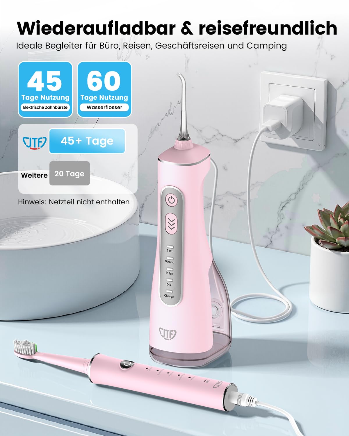 Set di pulizia orale 2 in 1, filo interdentale ad acqua e spazzolini elettrici sonici (rosa)