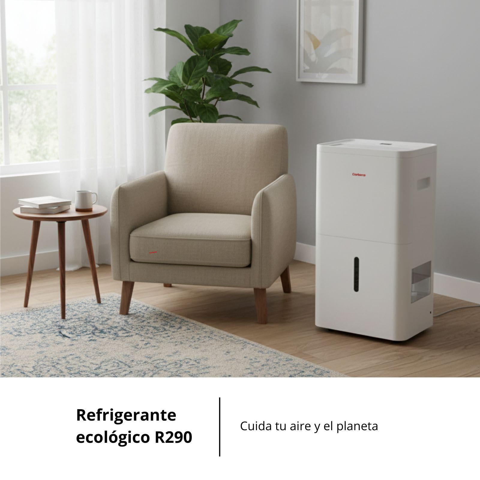 Osuszacz powietrza Corberó | CDG30 | Pojemność 30 l/dzień | Zbiornik 6,5 l | Ciągły drenaż | Automatyczne wyłączanie | ekologiczny czynnik chłodniczy R290 | Niskie zużycie energii | biały
