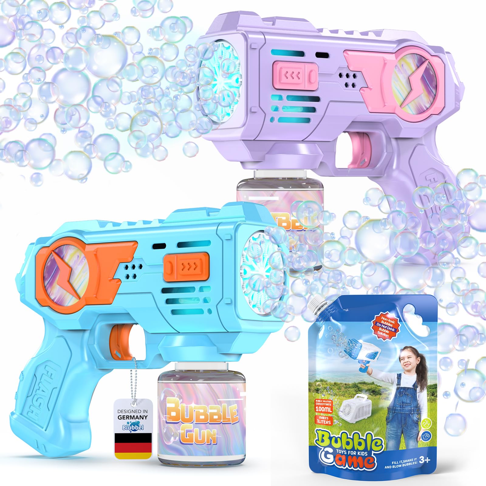 Blubbel 2x Sparabolle di Sapone LED, Pistola Giochi, Macchina Automatica, Bubble Gun, Cannone d’Aria, Giocattolo Matrimonio, Regalo Estivo Bambini, 1L Liquido Incluso