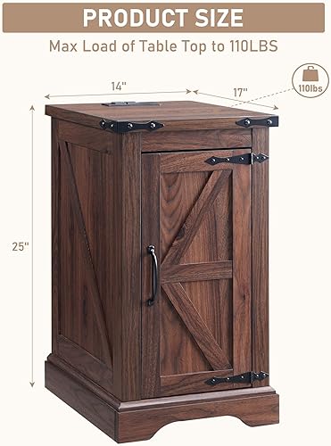 Miniatura 2 de JXQTLINGMU - Mesita de noche con estación de carga, mesa auxiliar rectangular de estilo granja con puerta de granero y estante de almacenamiento
