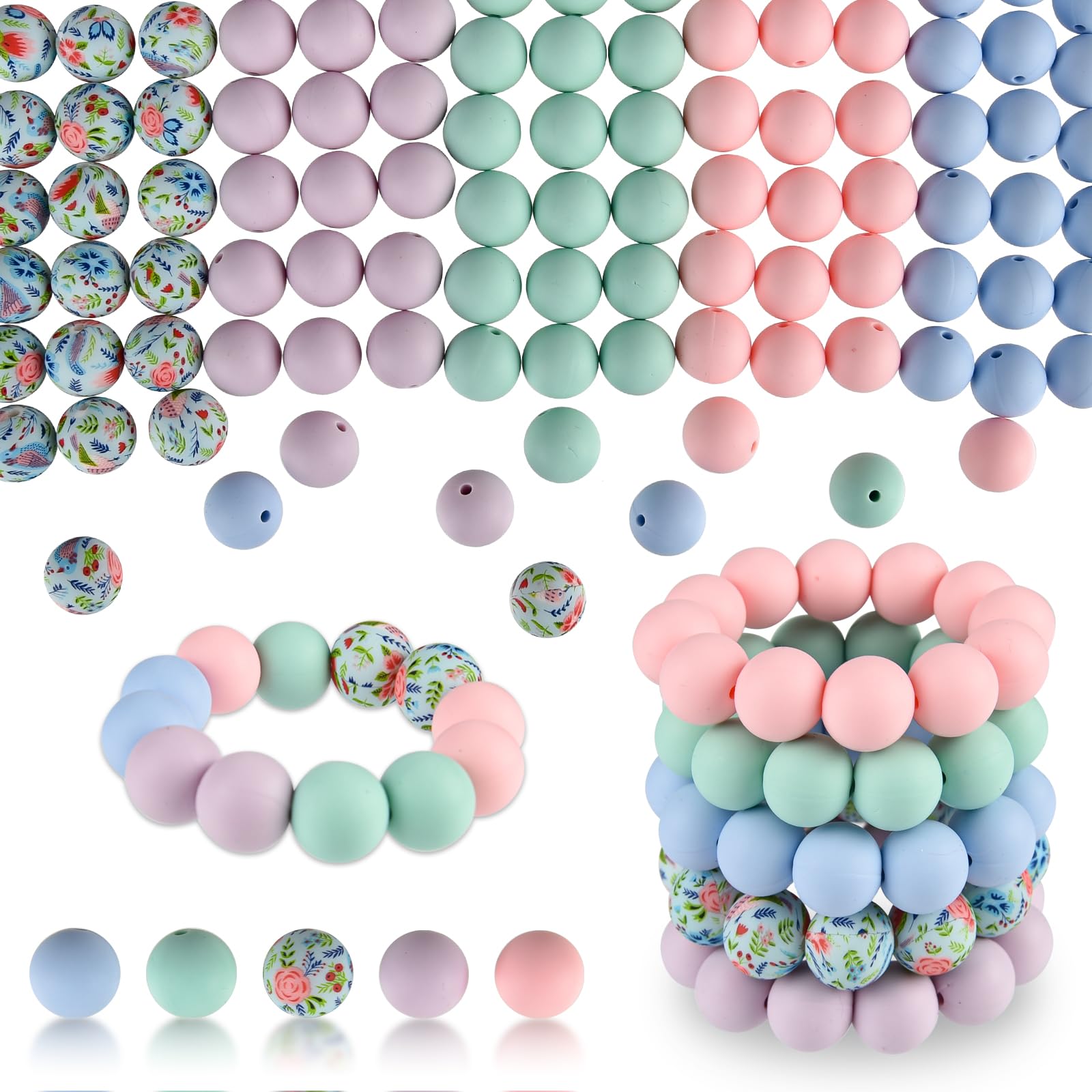 ASTARON 100 Pcs 15mm Silicone Beads for Keychain Making Light Pink Purple Blue Round Beads for Bracelets Crafts Beadable Pens Decorations Jewelry Making Party Favors Supplies
