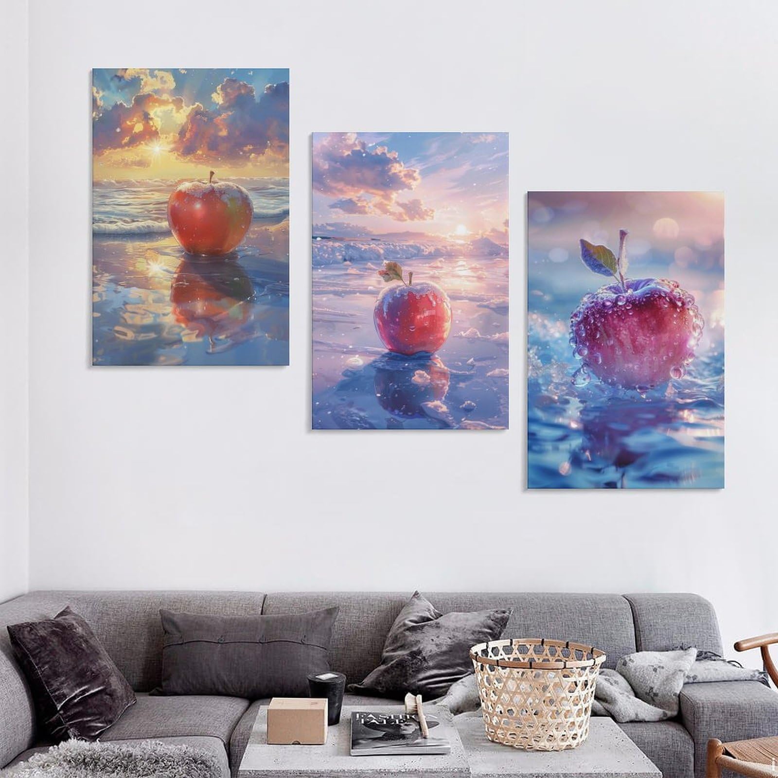 Amazon.co.jp: 3枚 水と雪の結晶で染まったリンゴ 絵画 インテリア