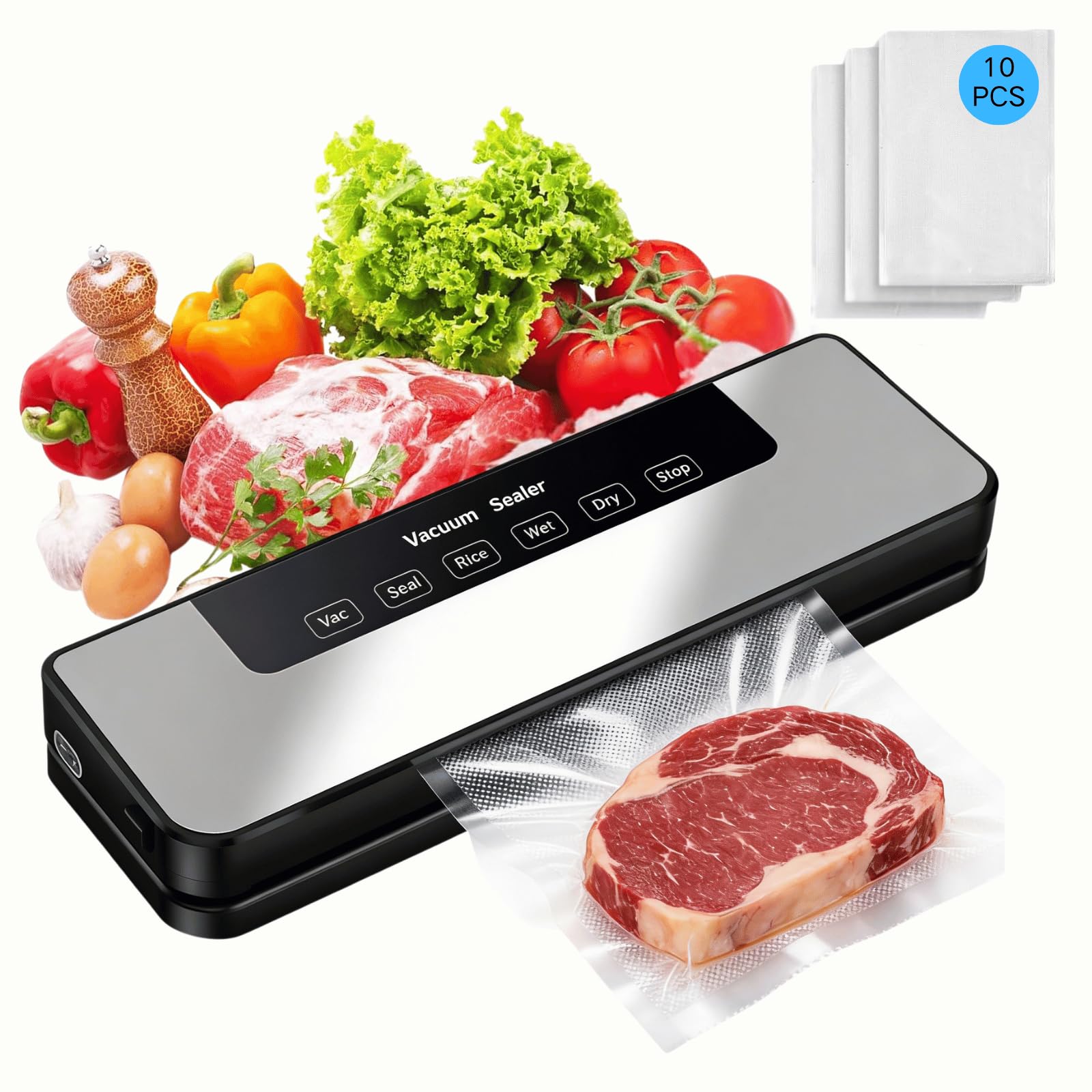 Macchina Sottovuoto Alimenti, 5 In 1 Macchina Sottovuoto Professionale Vacuum Sealer，Macchina Sottovuoto Domestica Per Conservazione Fresca(10 Sacchetti a Vuoto) - 2