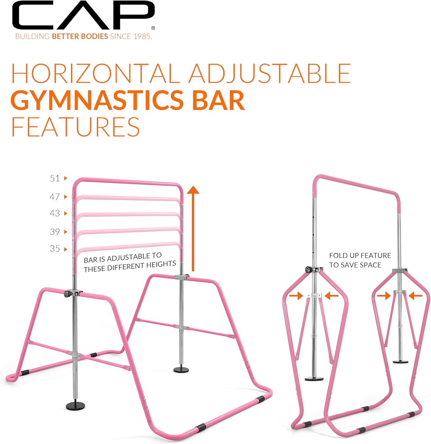 Cap Horizontal Adjustable Gymnastics Bar for Kids – Foldable Gymnastics Equipment, Adjustable Height, Indoor Gym Training Bar - Pink