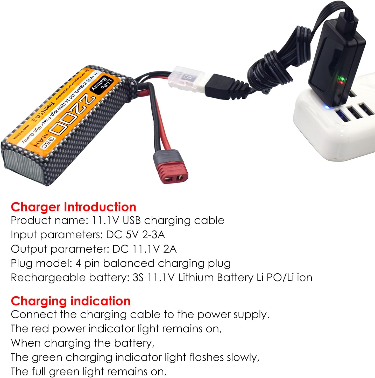 11.1V 2200mAh 35C 3S T Plug Lipo Battery and USB Charging Cable Suitable for MJX H16P H16E H16GT H16BM H16PL 14301 RC Car High-Speed Drift Model Toy Car Upgrade Battery